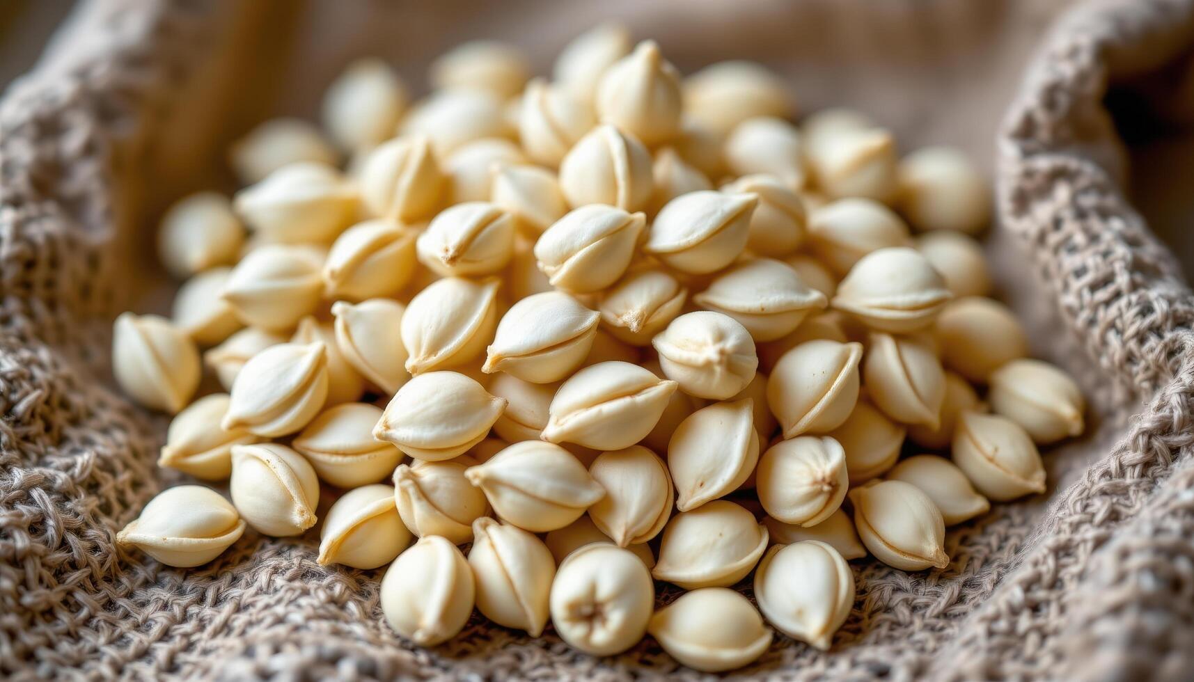 close up view of pale beige melon seeds lying on patterned cloth with woven texture and organic folds. photo