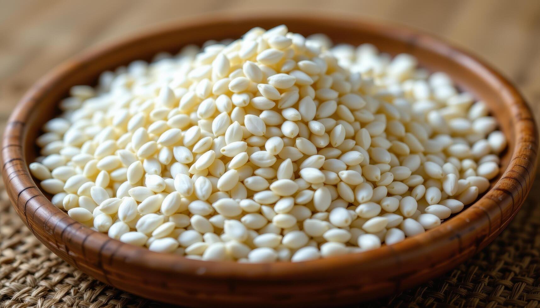 close up view of rice seeds in a delicate heap on a bamboo tray, with soft shadows and neutral background. photo