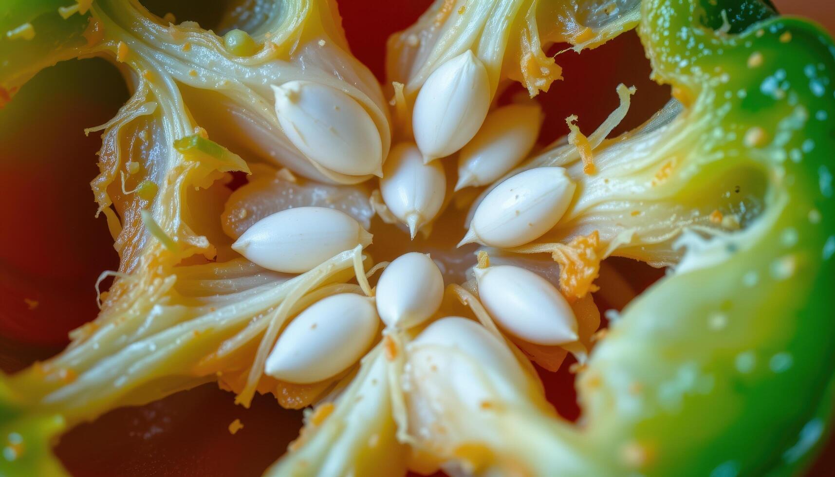 close up view of bell pepper interior showcasing rows of white seeds on delicate membranes. photo