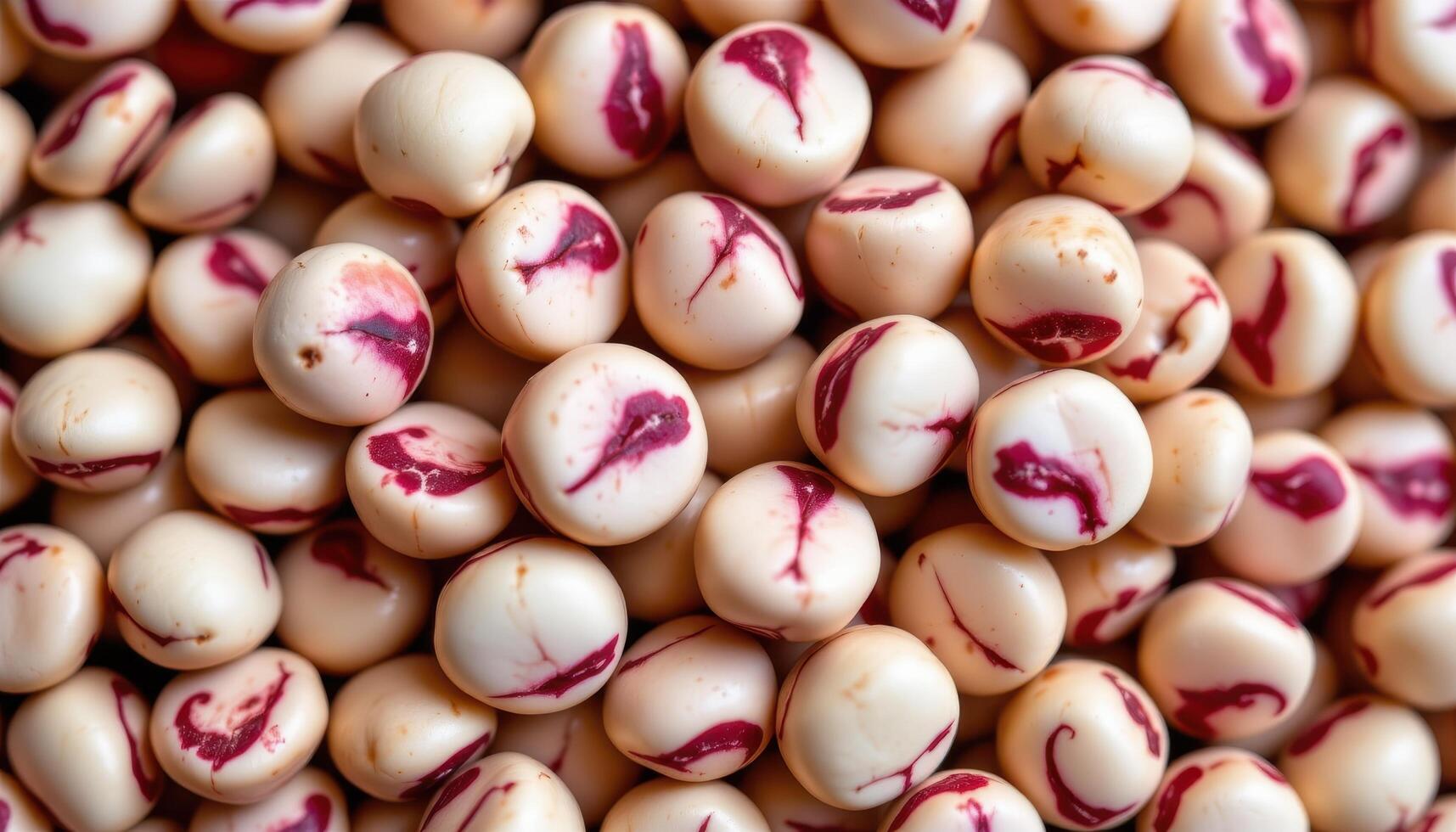 close up view of cranberry bean seeds patterned in mottled red and white swirls. photo