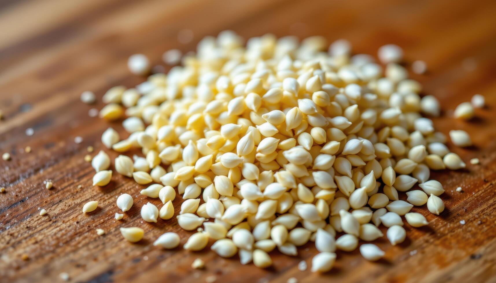 close up view of onion seeds scattered across warm toned cutting board. photo