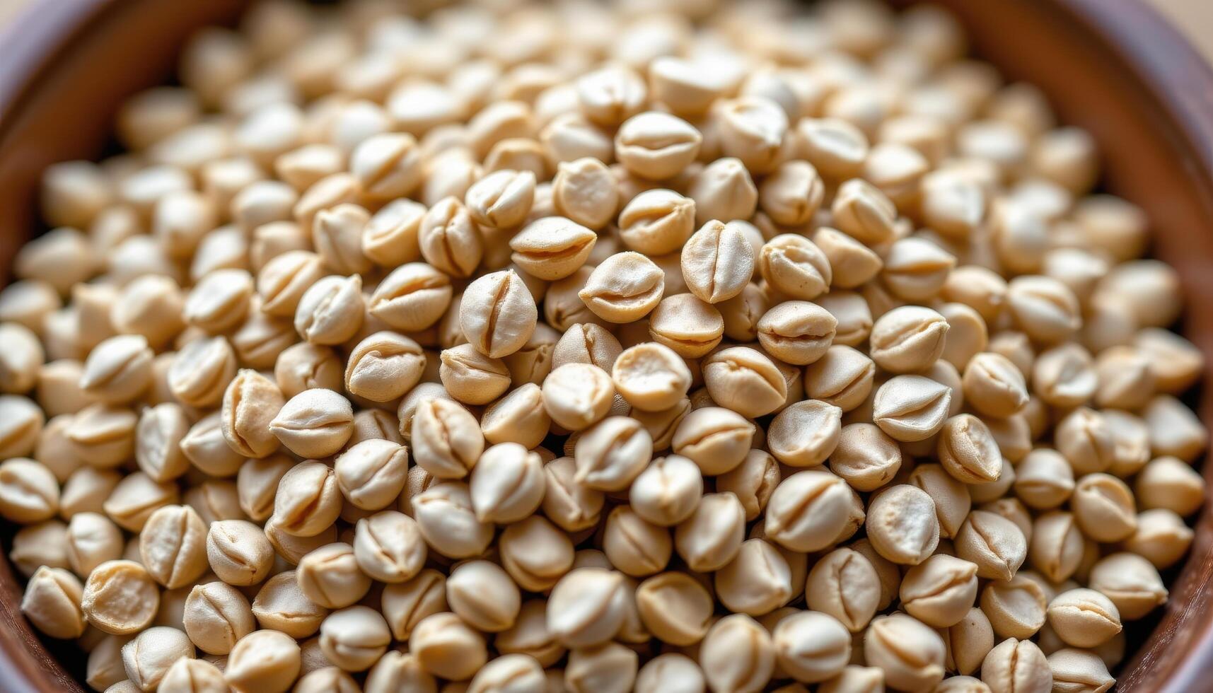 close up view of coriander seeds dried to a pale tan color, clustered in a wooden bowl with visible grain. photo