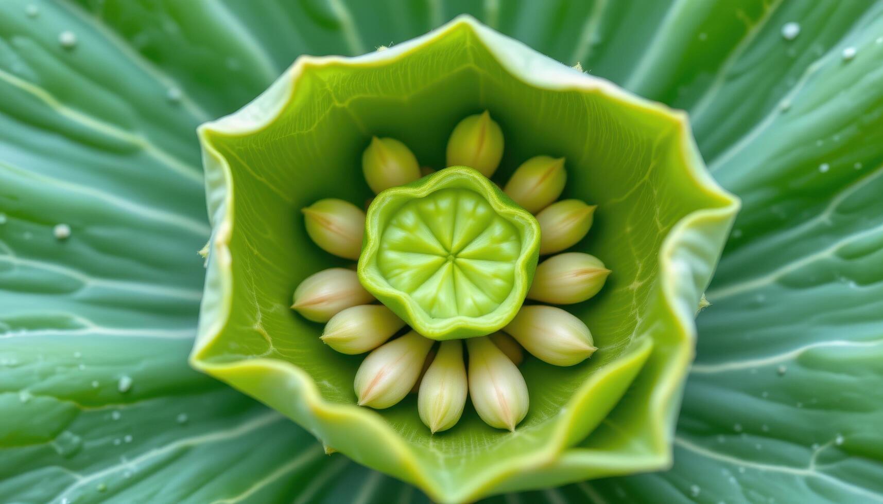 close up view of lotus seeds inside a green lotus pod, each neatly arranged in its circular cavity. photo