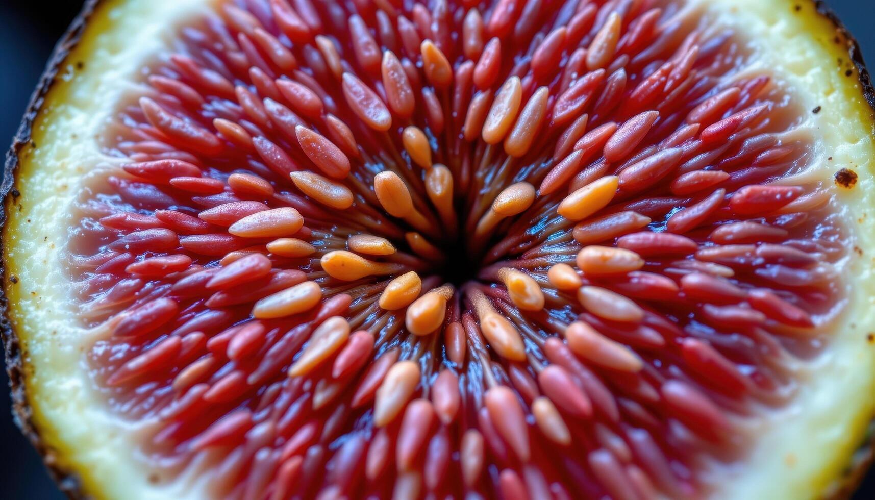 close up view of fresh fig seeds suspended in a vibrant purple and pink fruit interior. photo