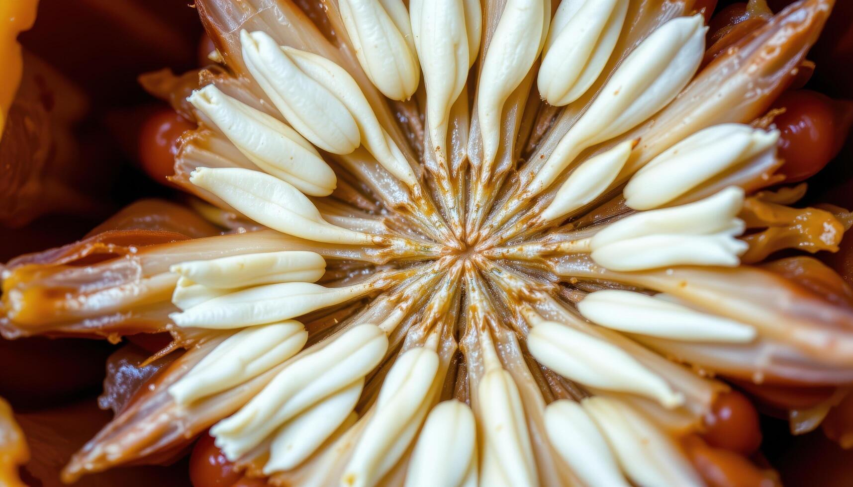 close up view of bell pepper interior, showing rows of flat white seeds attached to pale membranes. photo