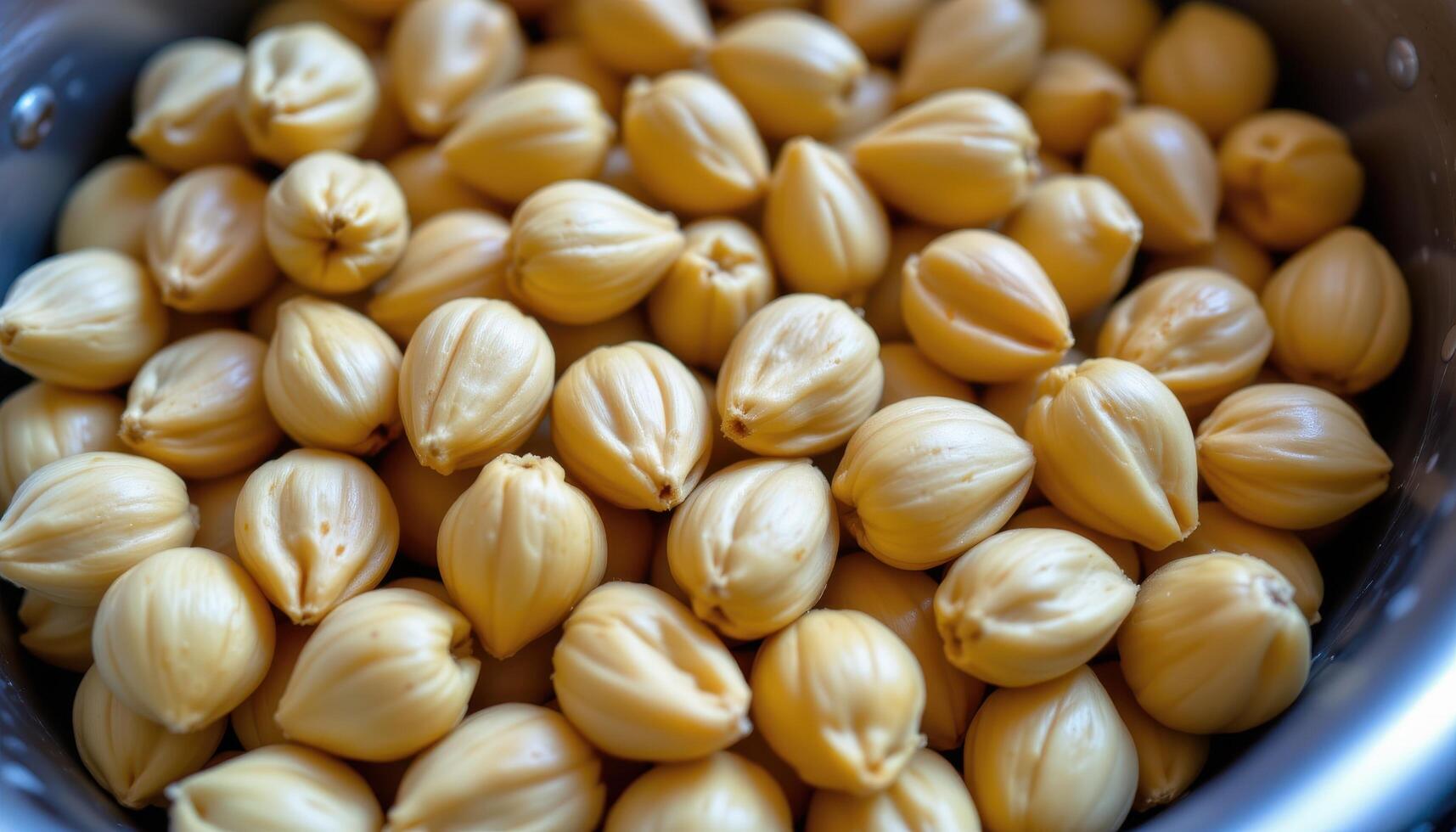 close up view of jackfruit seeds lined neatly after boiling, revealing a smooth waxy texture. photo