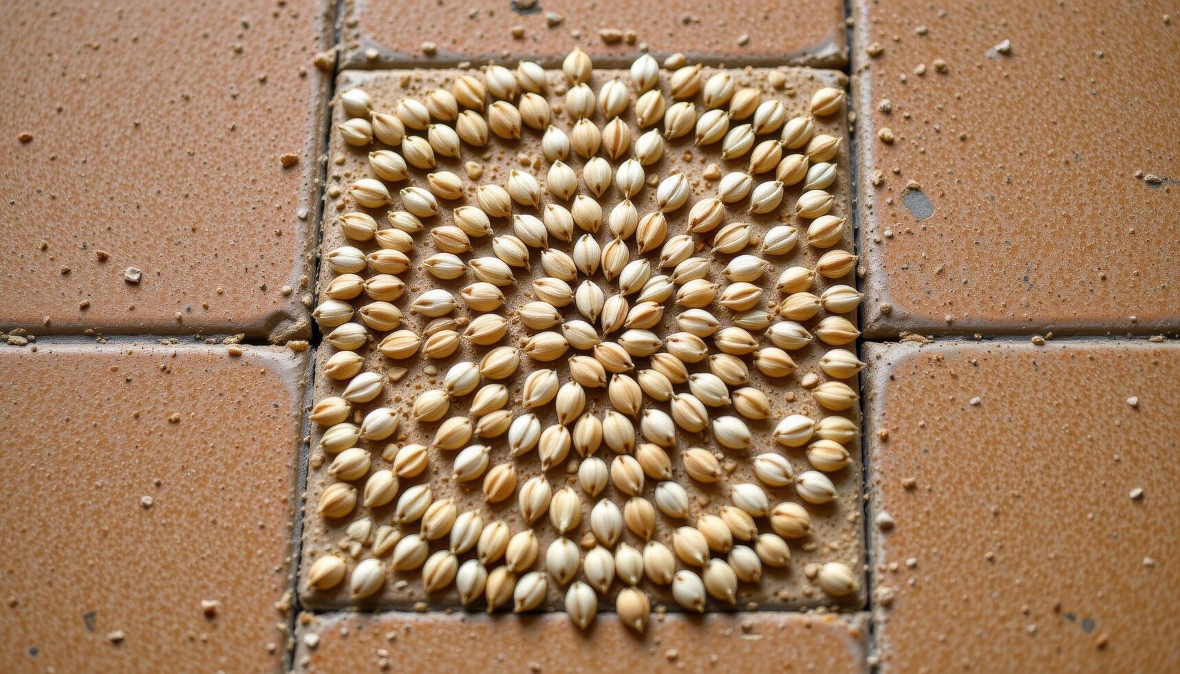 close up view of millet seeds arranged in a geometric pattern on smooth ceramic tile. photo