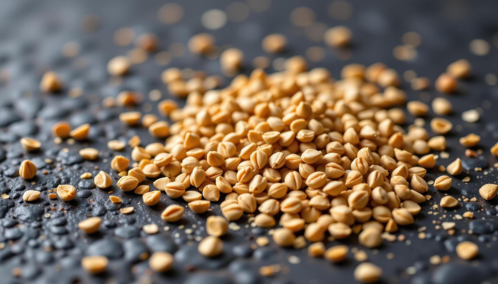 close up view of cumin seeds scattered on a dark granite surface with high contrast lighting. photo