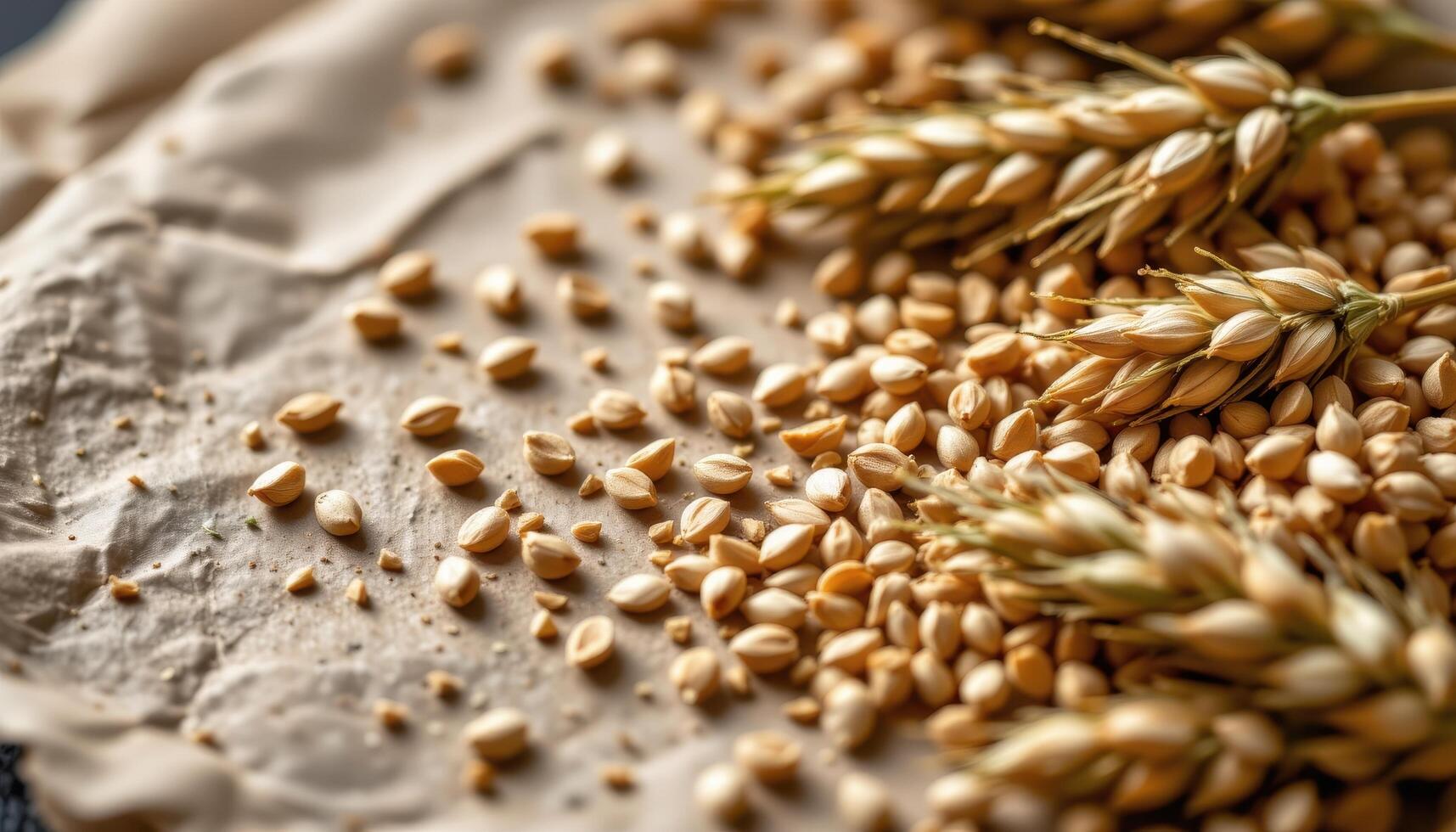 close up view of barley seeds spreading across rough brown paper with rustic farm themed composition. photo