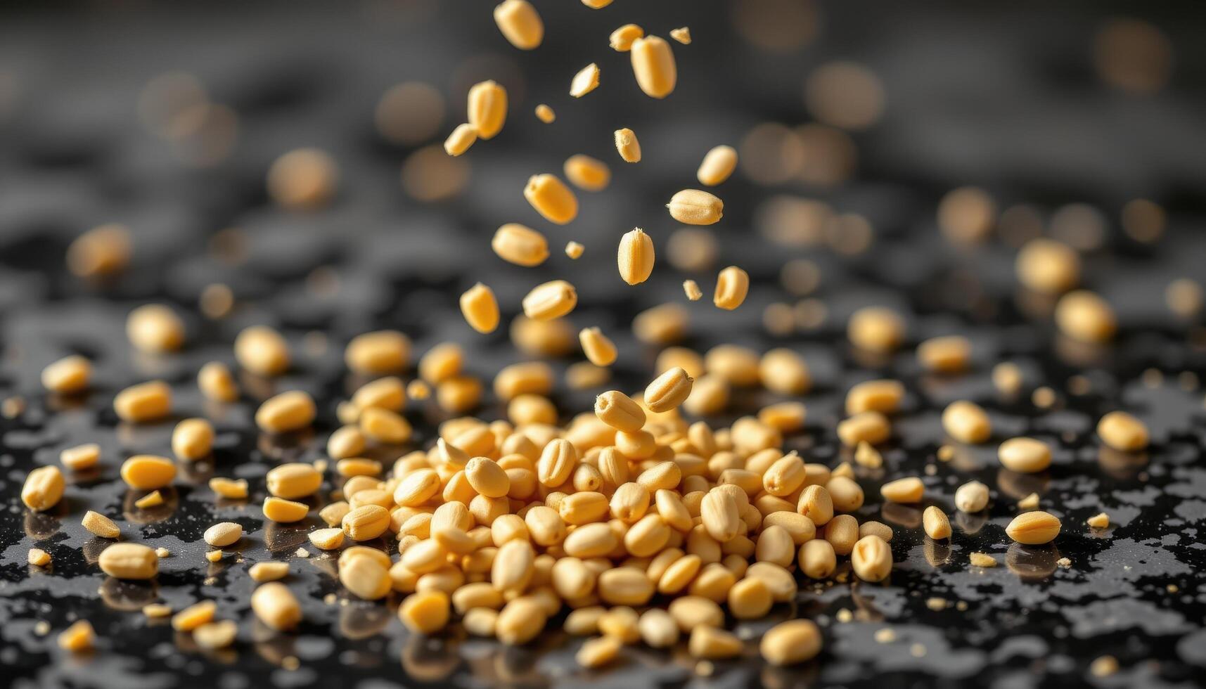 close up view of wheat grains falling onto polished granite with directional top lighting. photo