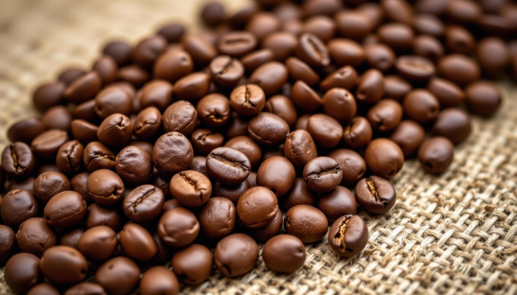 close up view of coffee beans roasted to a deep brown hue, scattered over rough jute cloth with rich textures. photo