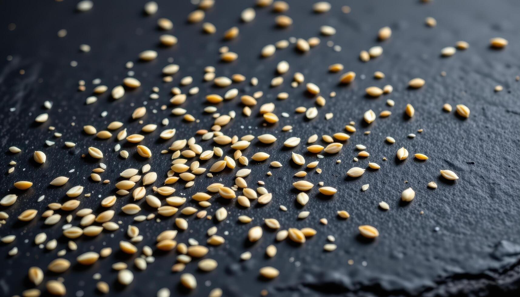 close up view of sesame seeds sprinkled across a dark slate surface, each seed lit with directional shadow. photo