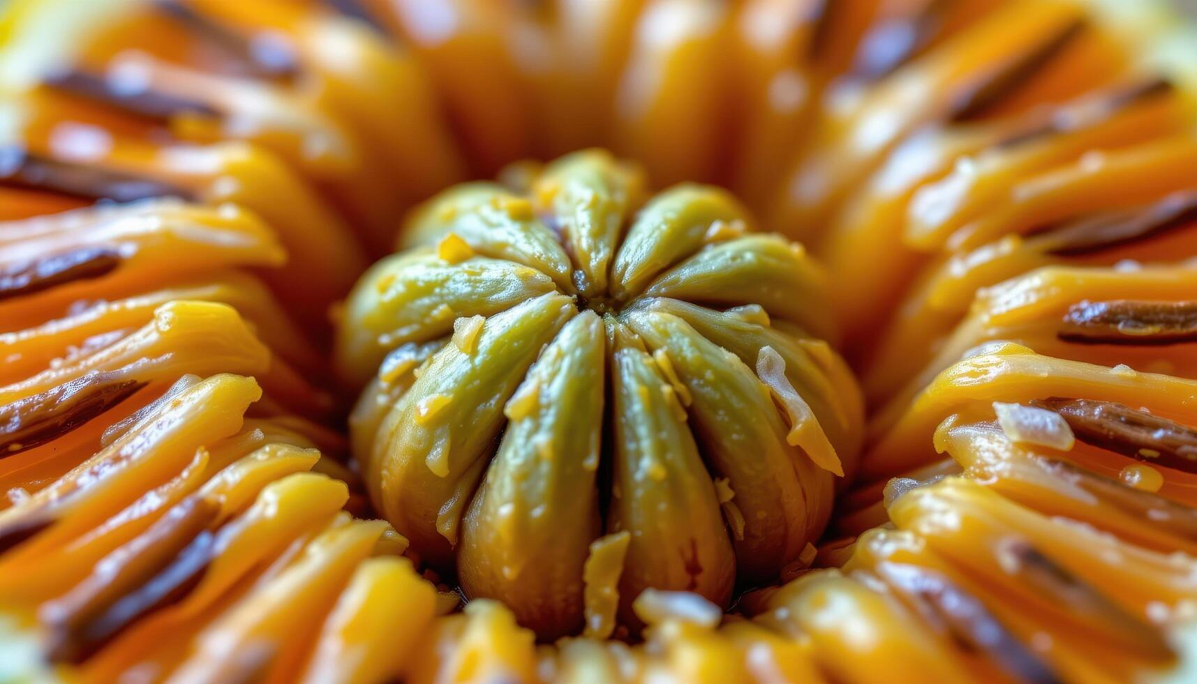 close up view of passion fruit seed immersed in bright yellow pulp with glossy coating. photo