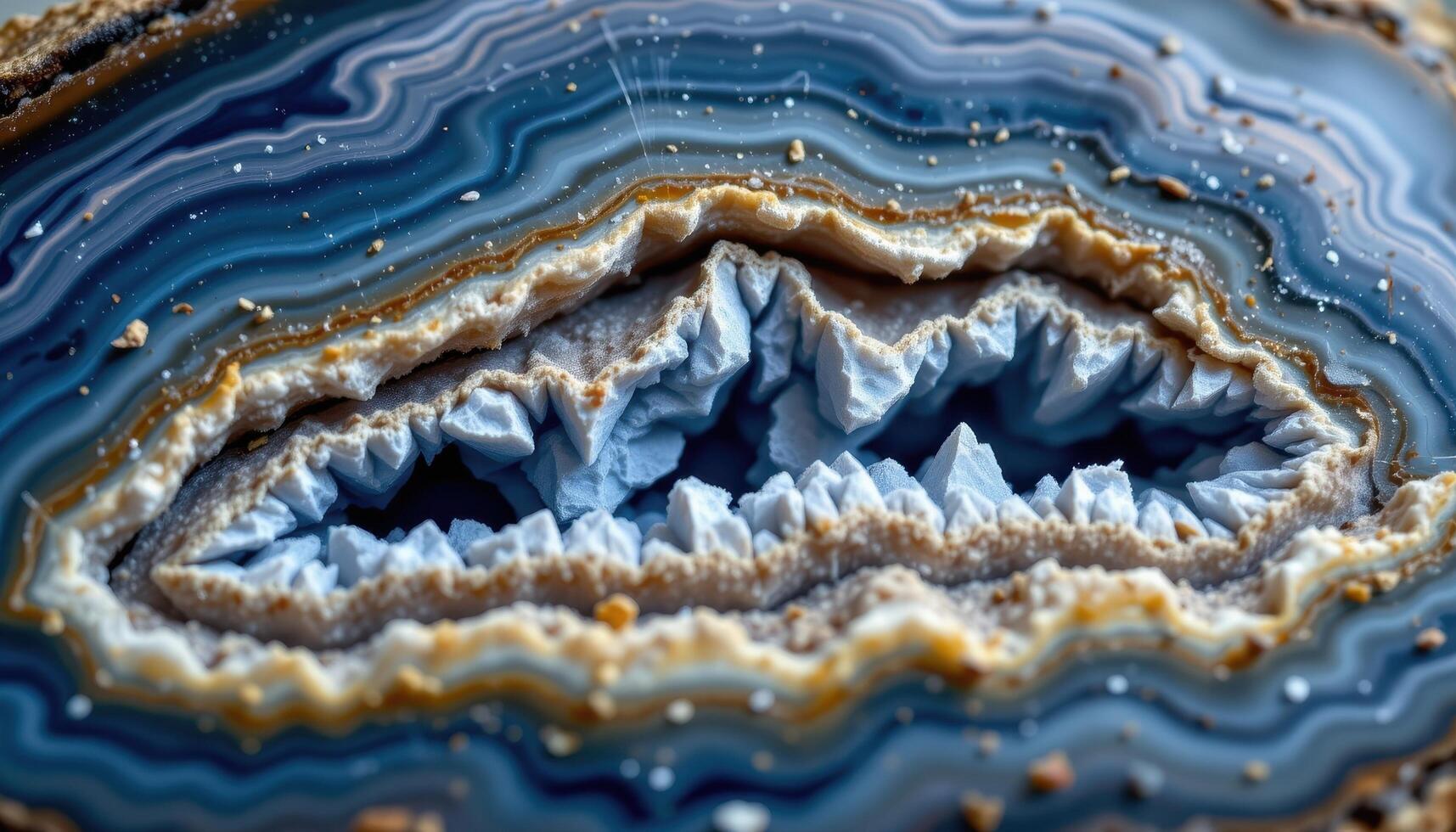 close up view of a geode split open, showing vibrant blue agate bands and crystal formations inside. photo