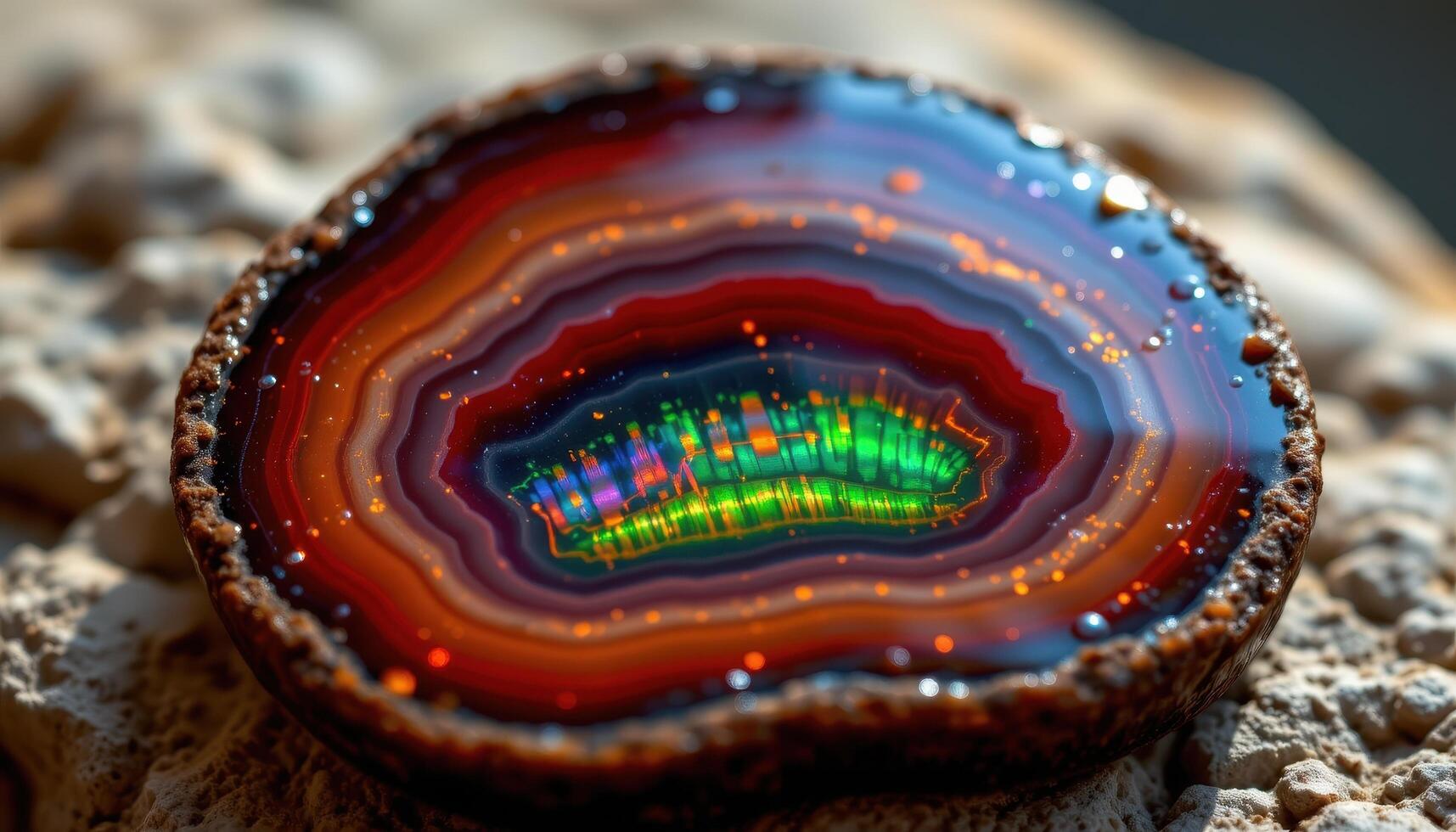 close up view of a fire agate with vivid red, green, and gold iridescent flashes. photo