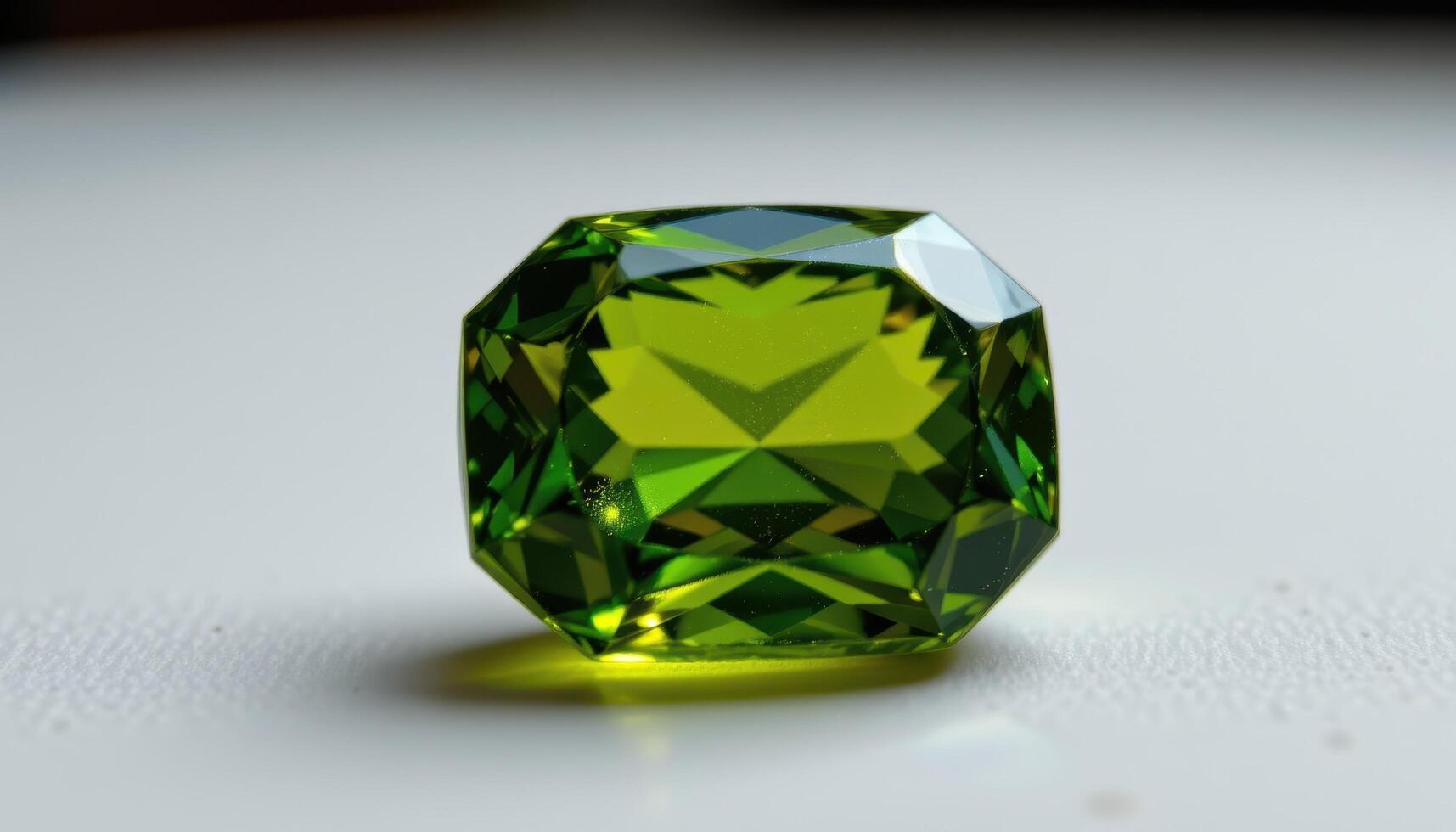 close up view of a faceted demantoid garnet with sparkling green fire. photo