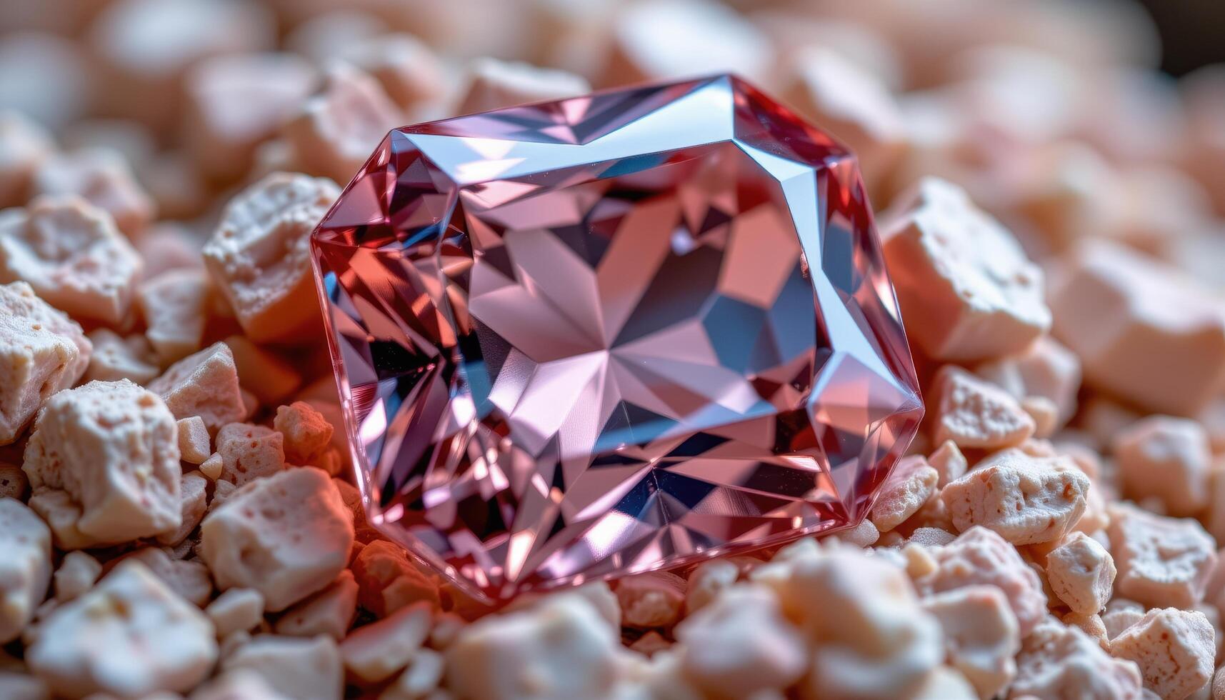 close up view of a pink morganite gem surrounded by reflective mineral flakes. photo
