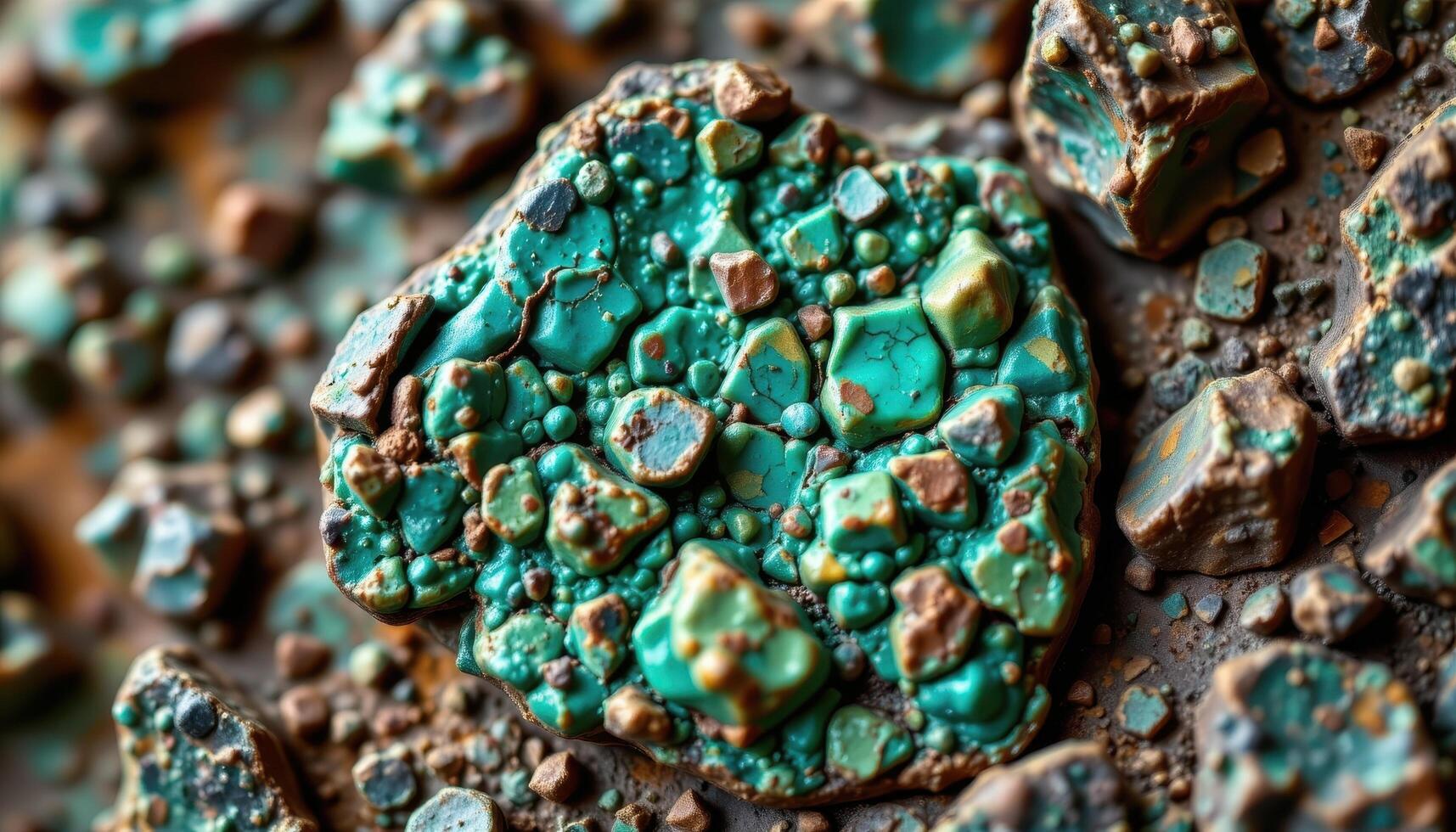 close up view of a chrysocolla nugget with vibrant teal and green surface textures. photo