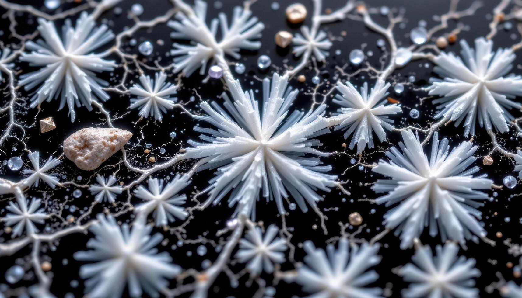 close up view of a snowflake obsidian surface with white crystalline starburst inclusions. photo