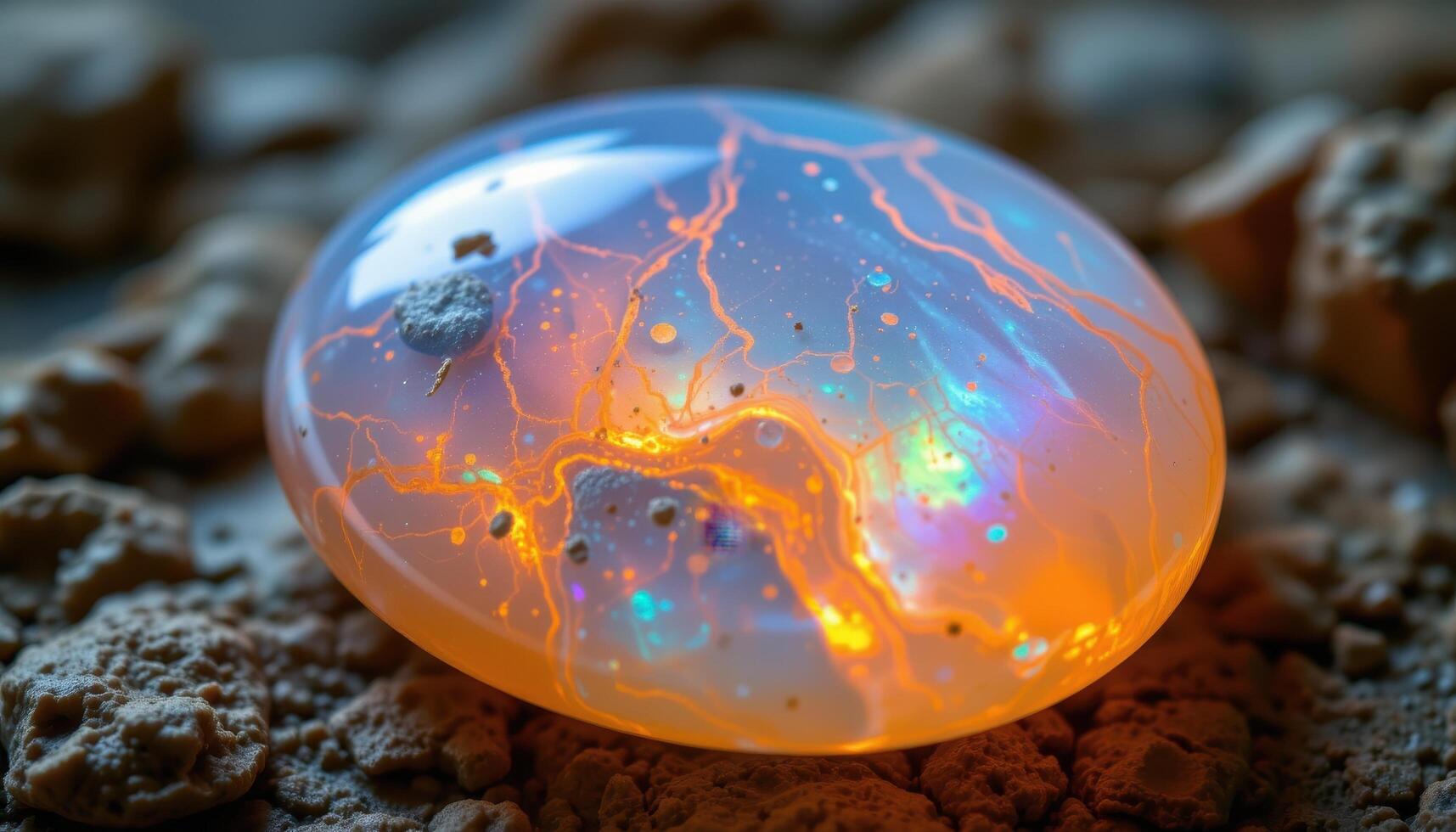 close up view of a cabochon opalite glowing softly with ethereal internal light. photo