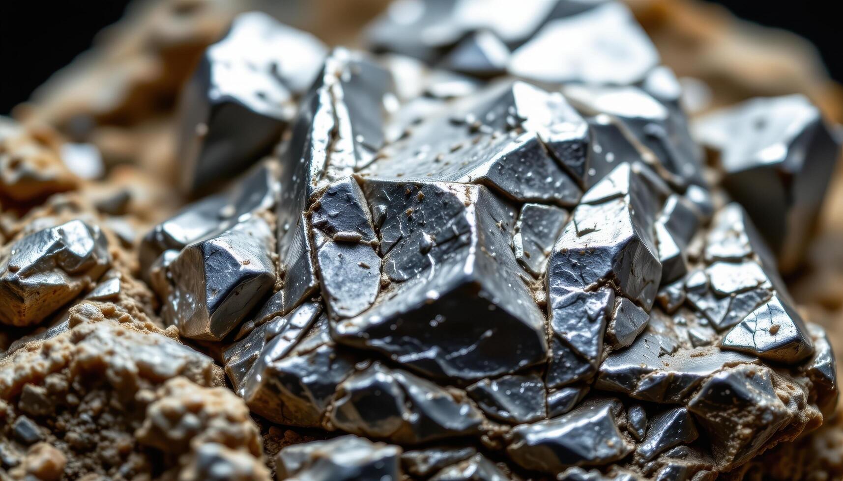 close up view of a rough zirconium crystal with metallic shine and angular geometric edges. photo