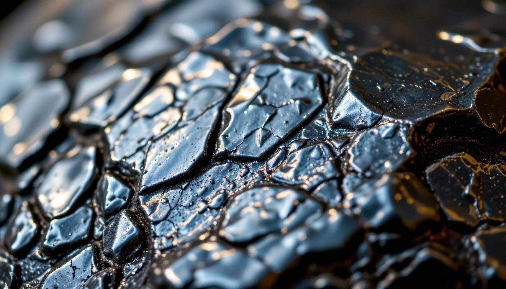 close up view of a polished hematite stone reflecting light like liquid metal. photo