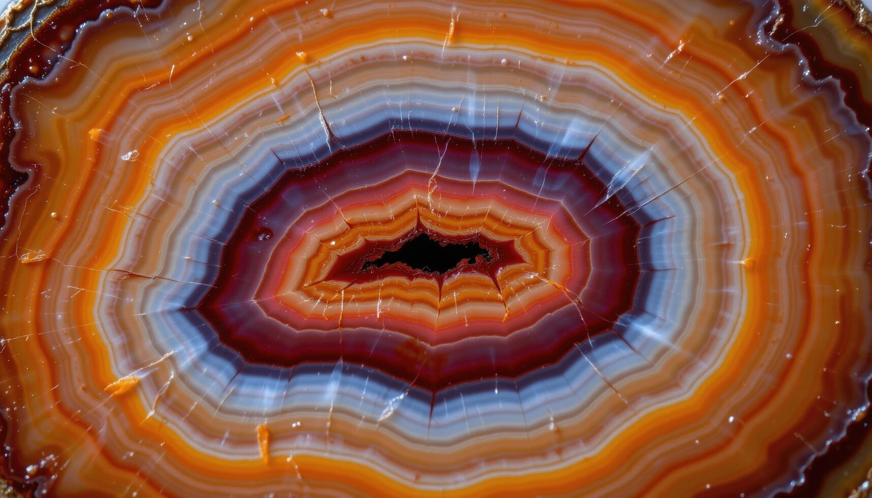 close up view of a sliced agate revealing concentric bands of red, orange, and cream. photo