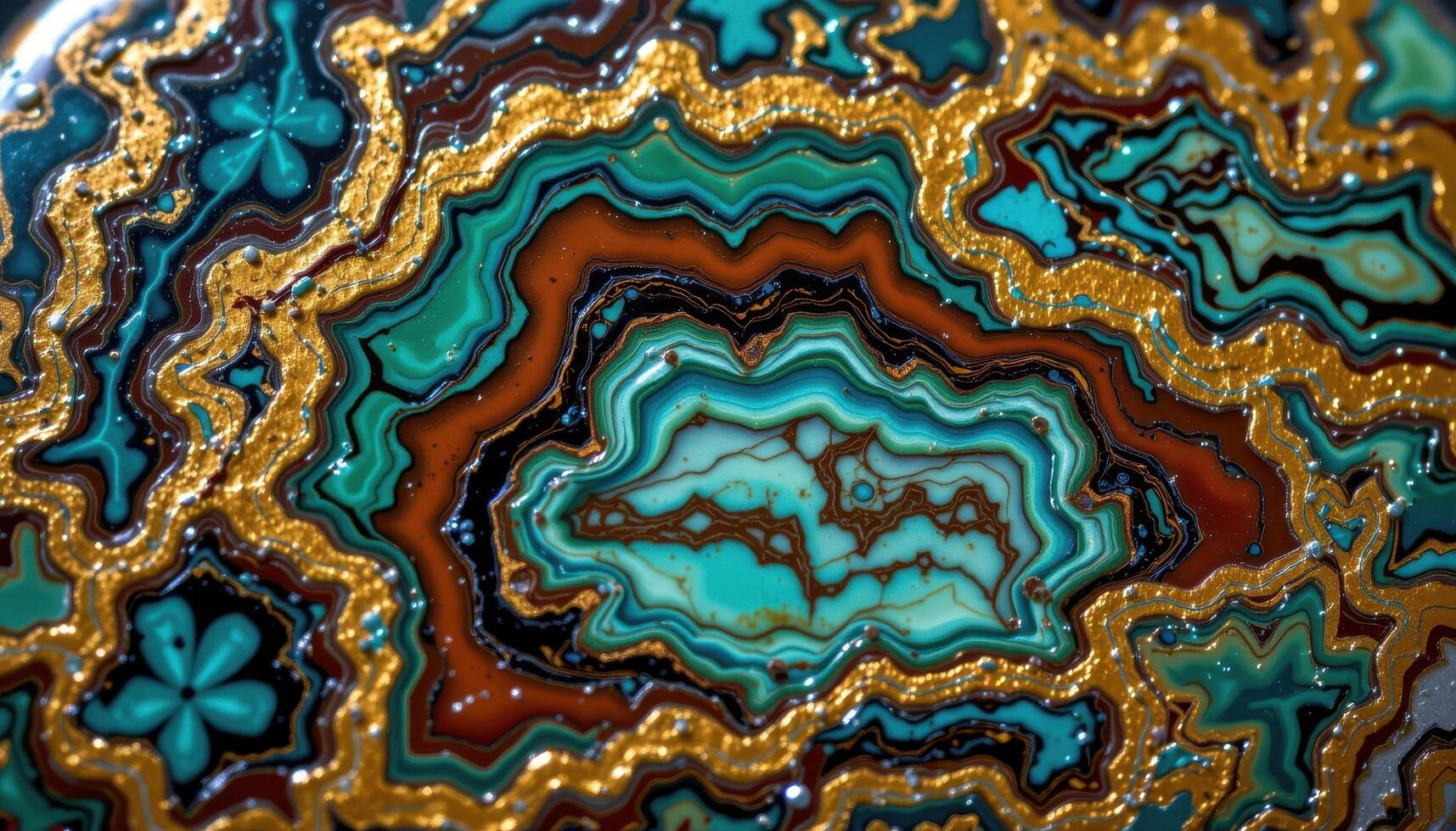 close up view of a polished pietersite gemstone with swirling patterns of gold, blue, and brown. photo
