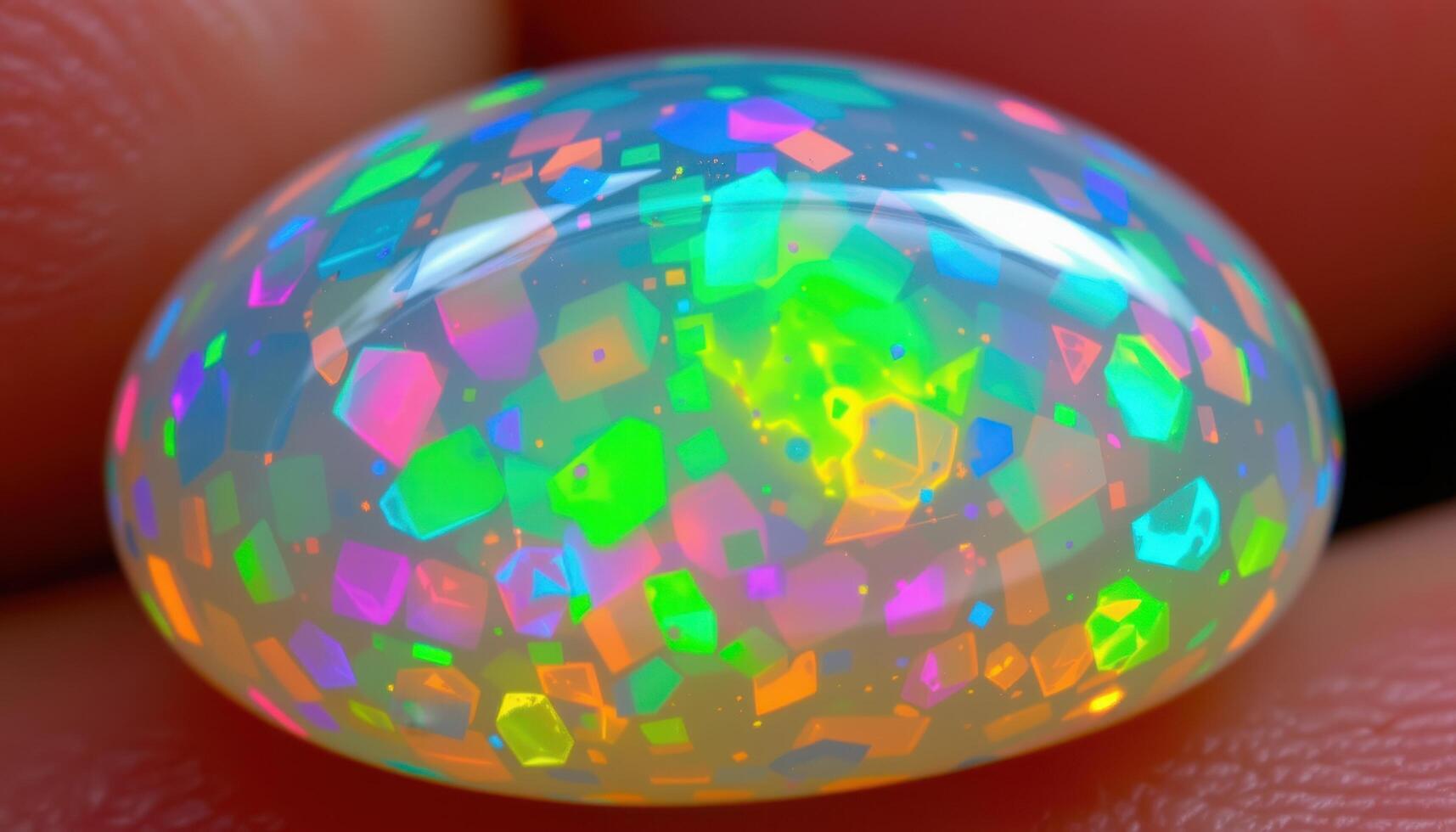 close up view of an opal gemstone with iridescent flashes of green, blue, and pink color play. photo