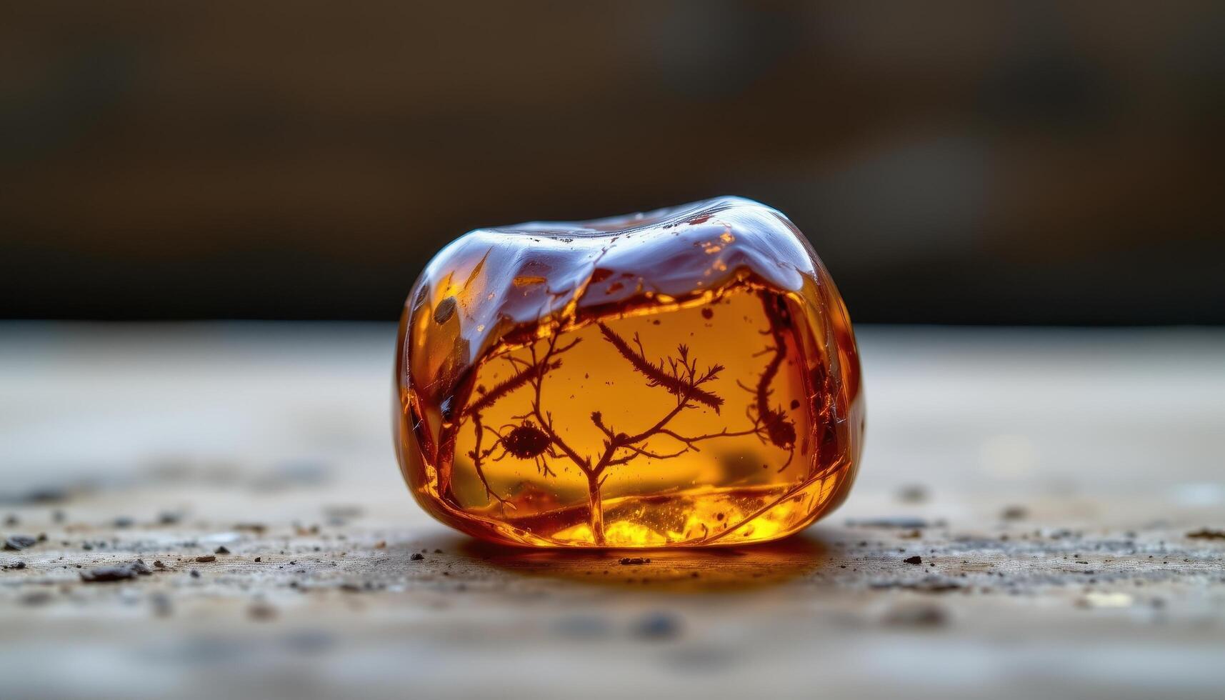 close up view of a chunk of raw amber with ancient organic inclusions visible inside. photo