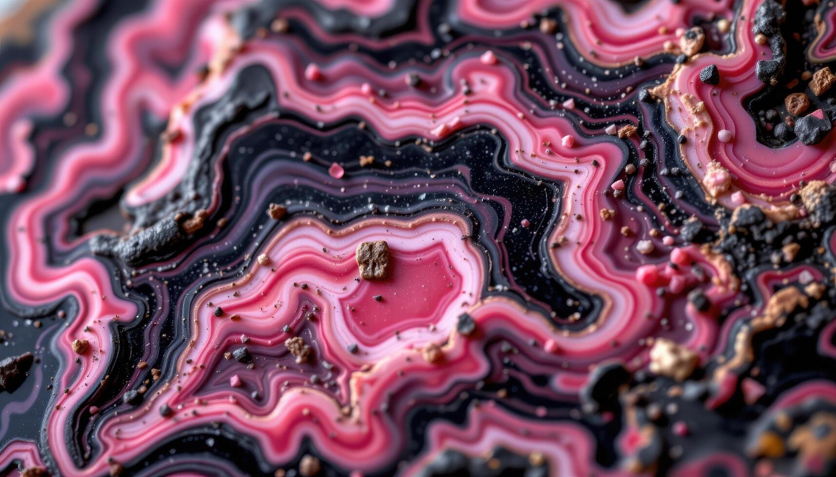close up view of a rhodonite gemstone showing pink and black swirling patterns. photo