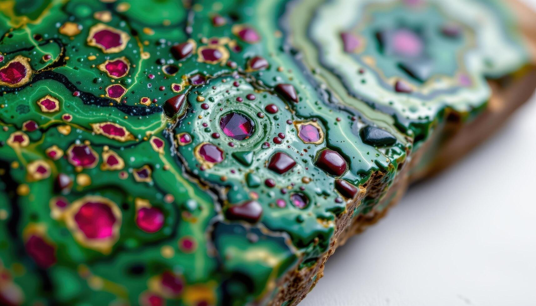 close up view of a polished zoisite specimen with vibrant green and ruby spots. photo
