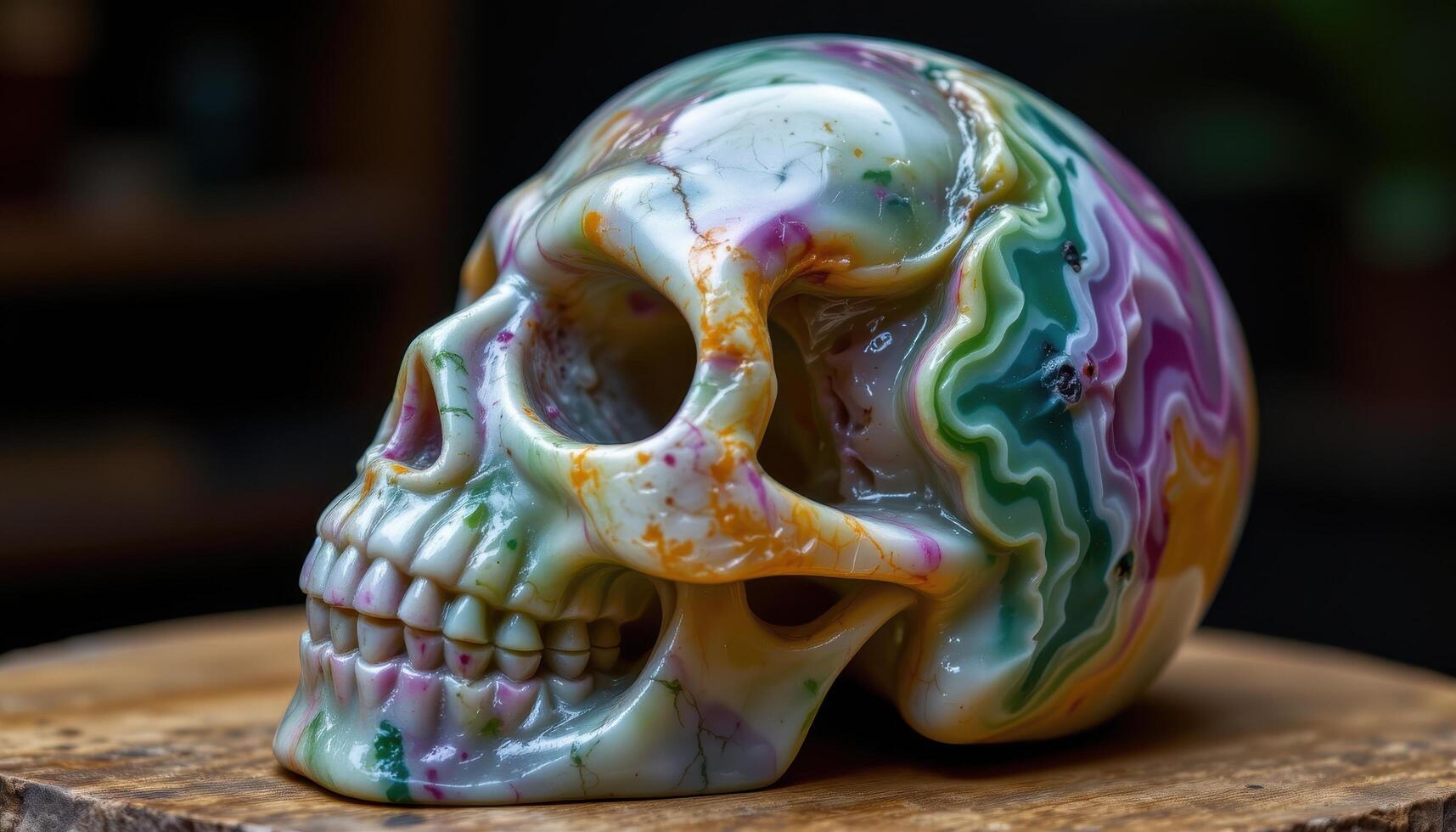 close up view of a carved fluorite skull with layered colors and soft polish. photo
