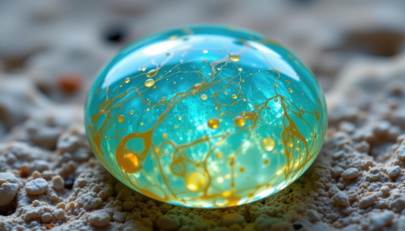 close up view of a gem silica cabochon glowing with rich cyan translucency. photo