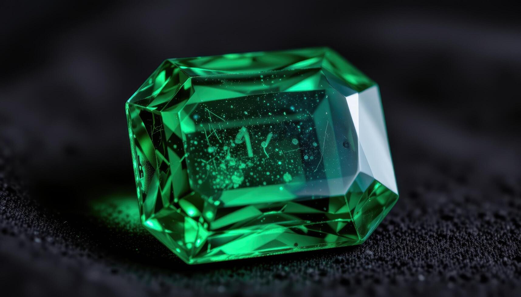 close up view of a radiant emerald gemstone with deep green tones, finely cut facets reflecting ambient light on a black velvet background. photo