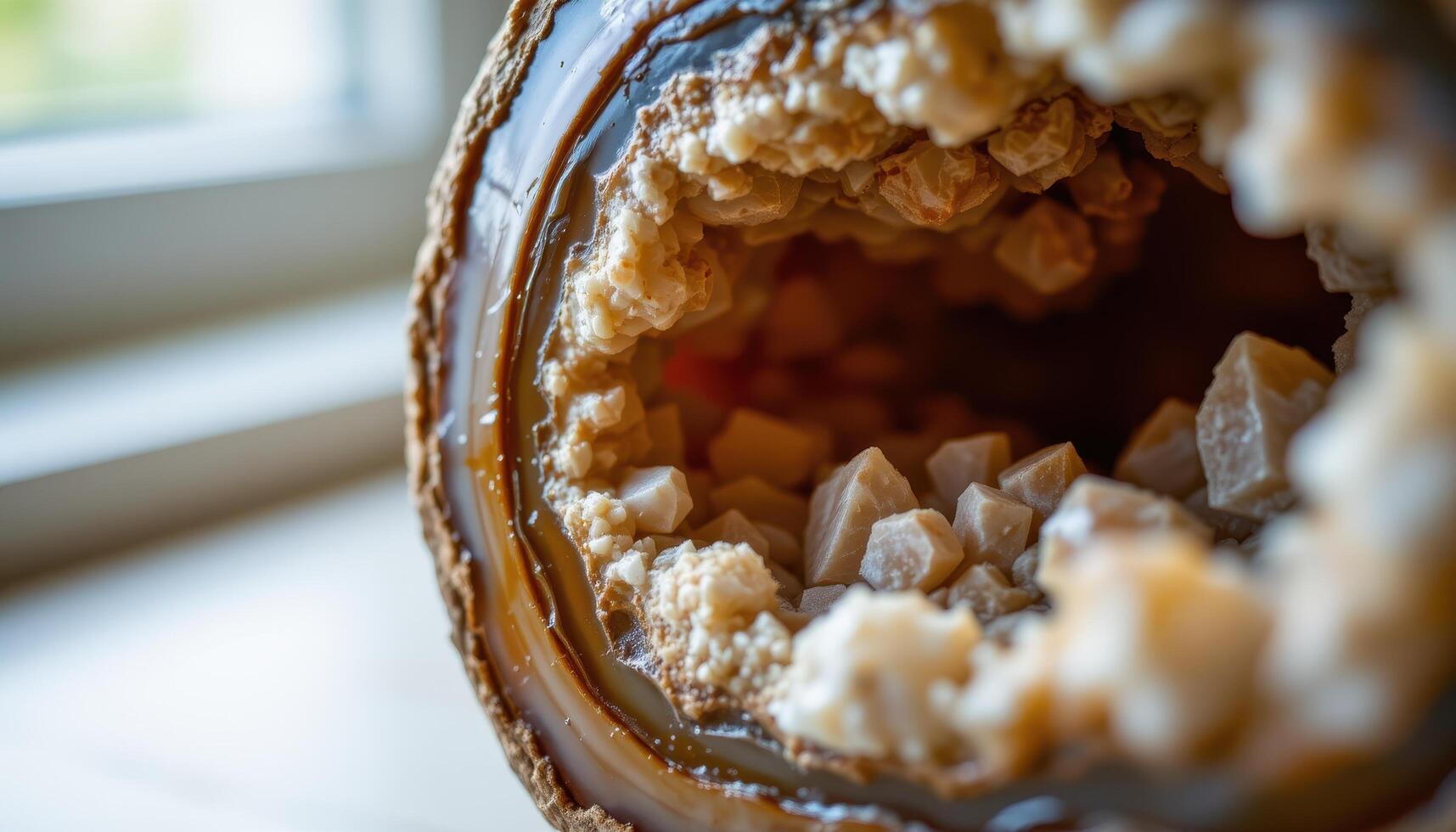 close up view of a polished quartz geode with reflective interior crystals. photo