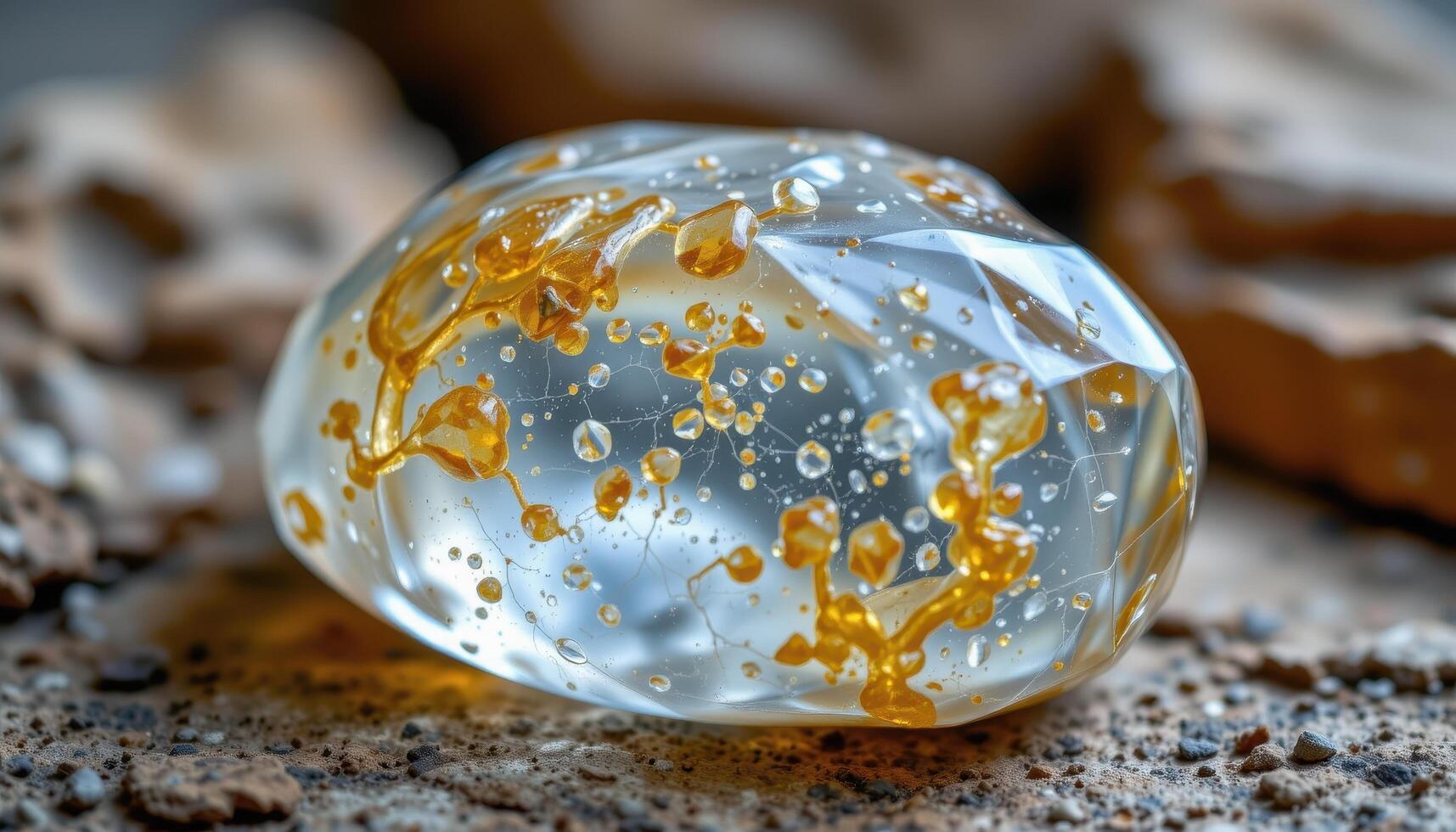 close up view of a tumbled calcite stone with transparent golden body. photo