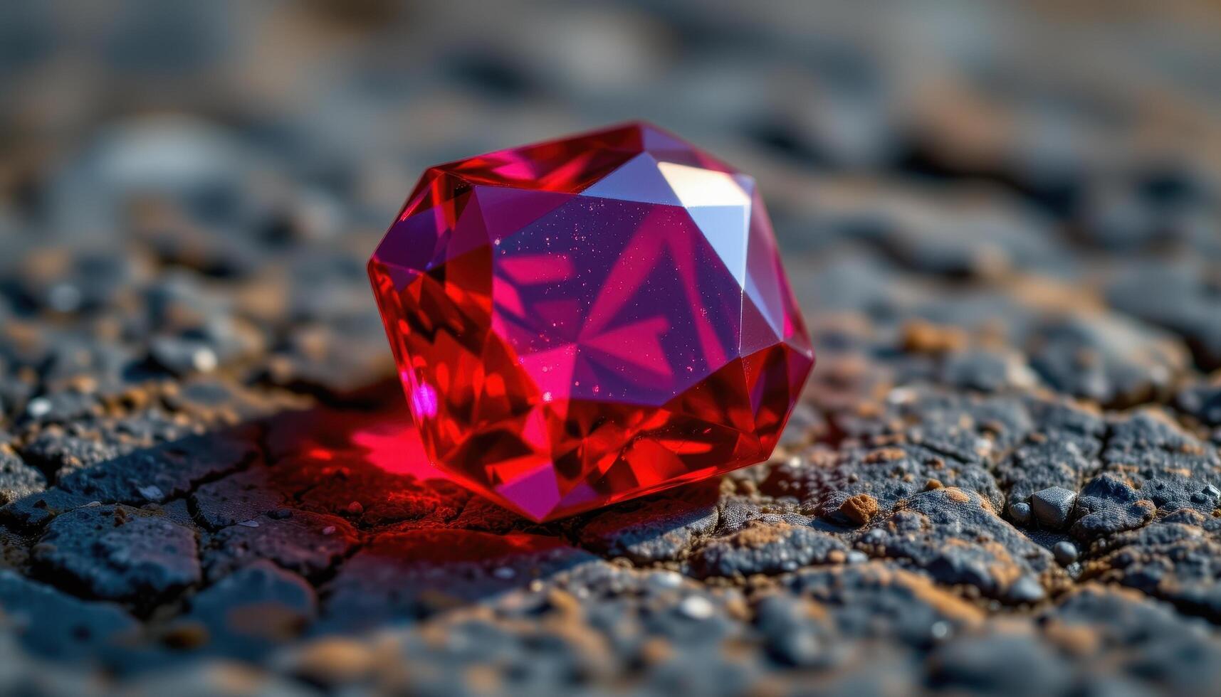 close up view of a faceted ruby gemstone glowing with internal red fire, positioned on a textured stone surface under soft lighting. photo