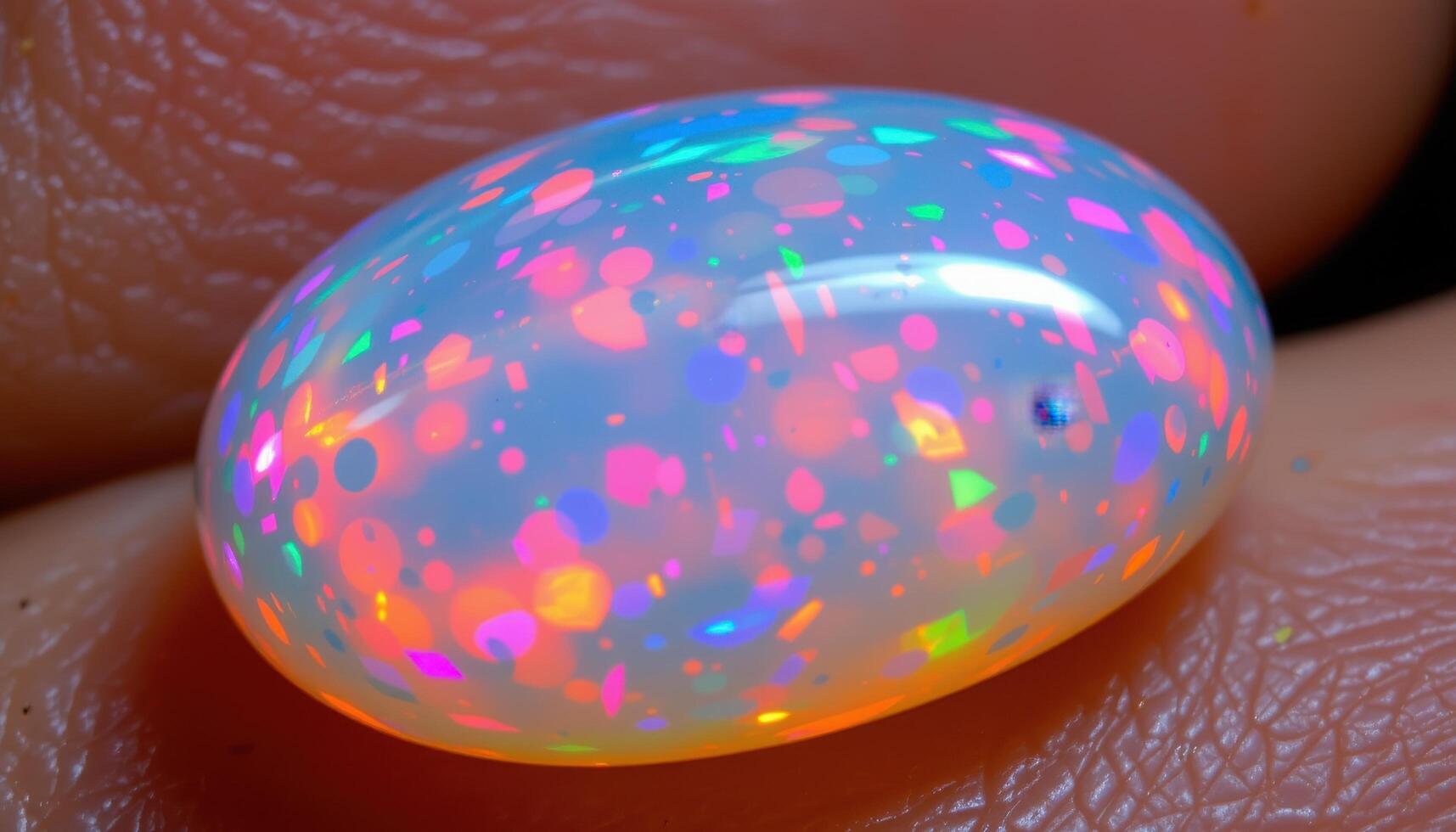 close up view of a glowing opal gemstone displaying brilliant iridescent colors like pink, blue, and green across a smooth surface. photo