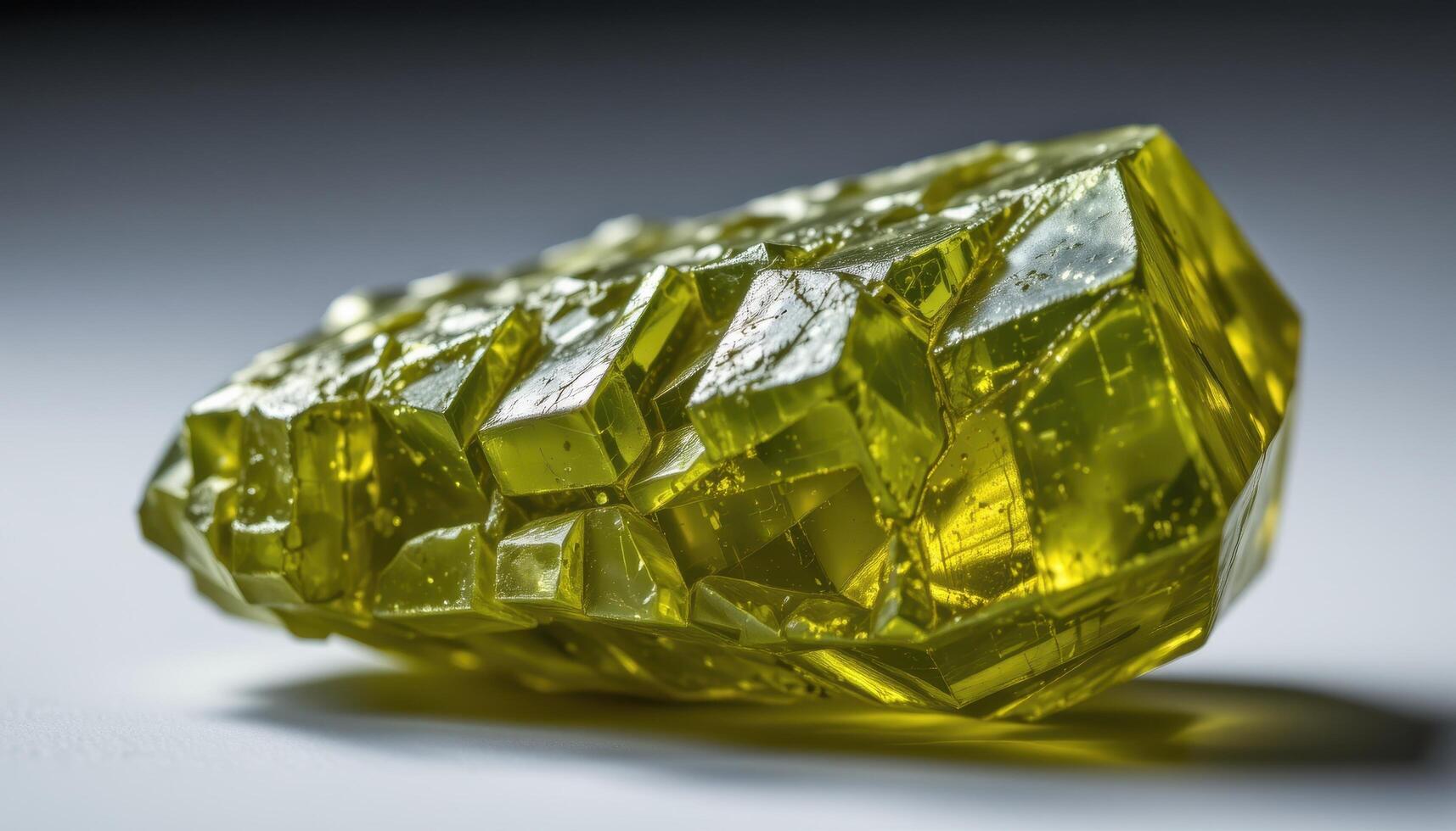 close up view of a rough peridot crystal with olive green hues and semi translucent edges illuminated from behind. photo