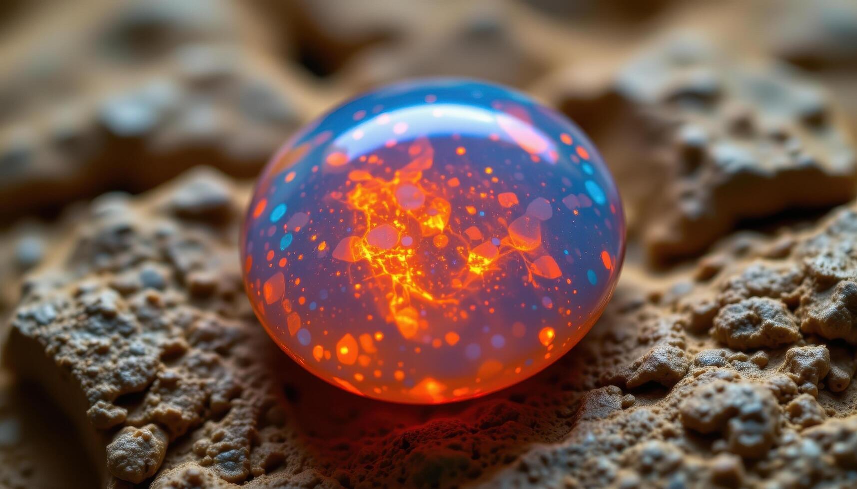 close up view of a fire opal glowing with rich orange and red tones, light scattering through its smooth cabochon surface. photo