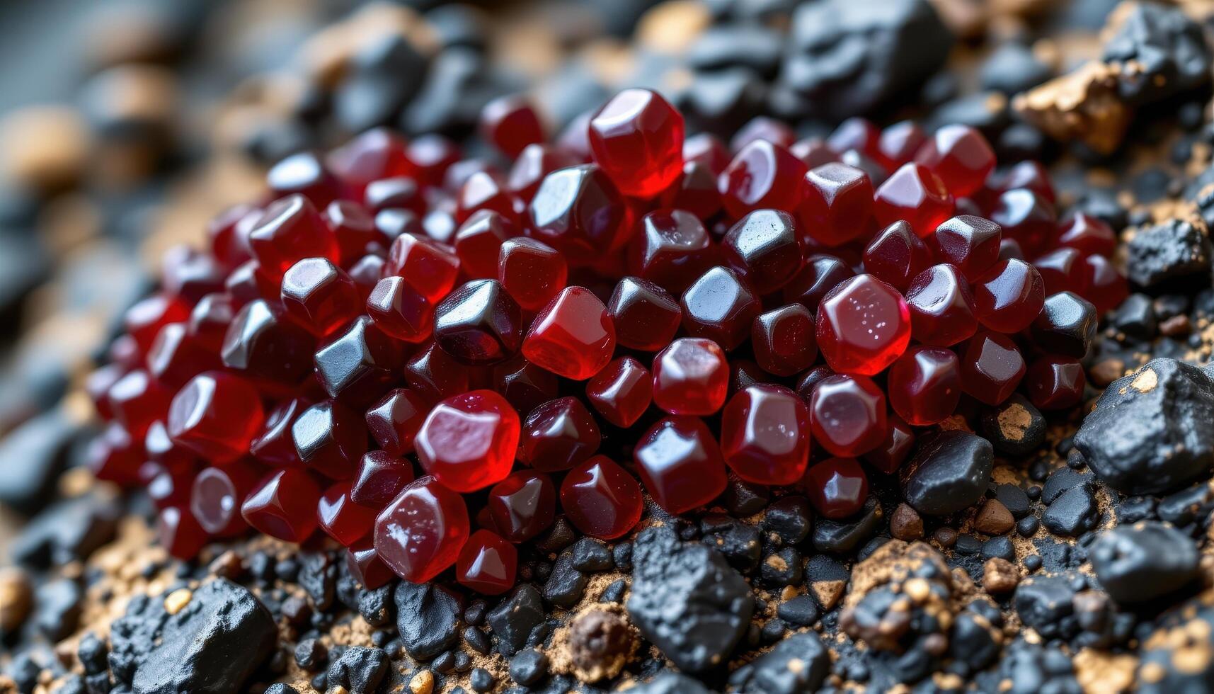 close up view of a garnet cluster with deep red crystals growing within a dark metamorphic matrix. photo