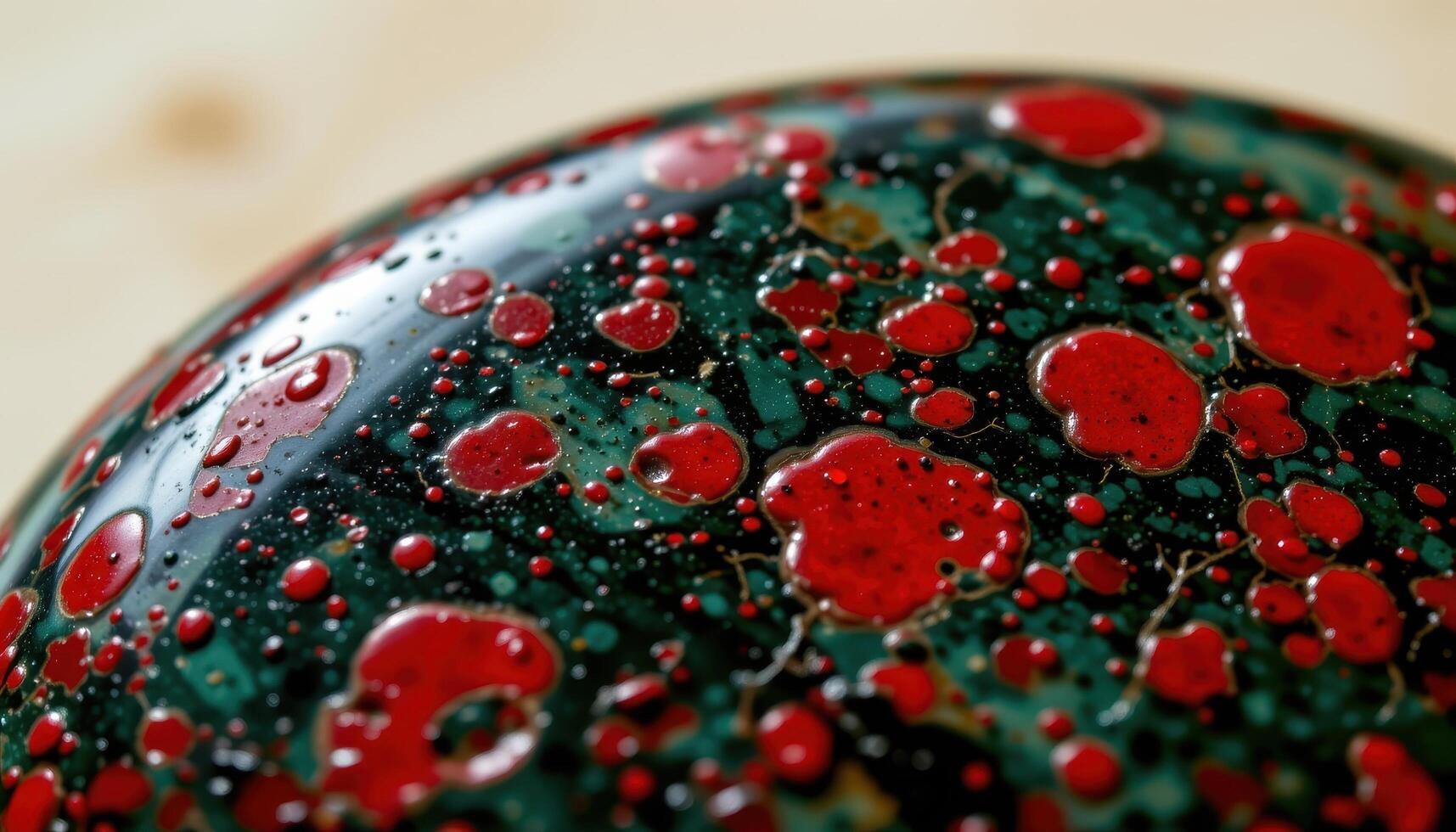 close up view of a bloodstone with dark green base and red flecks resembling drops of blood. photo