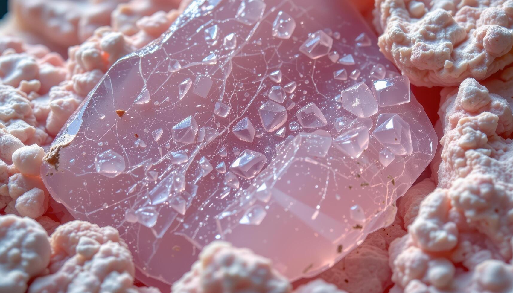 close up view of a raw rose quartz piece with translucent pink glow and rough natural surface texture. photo