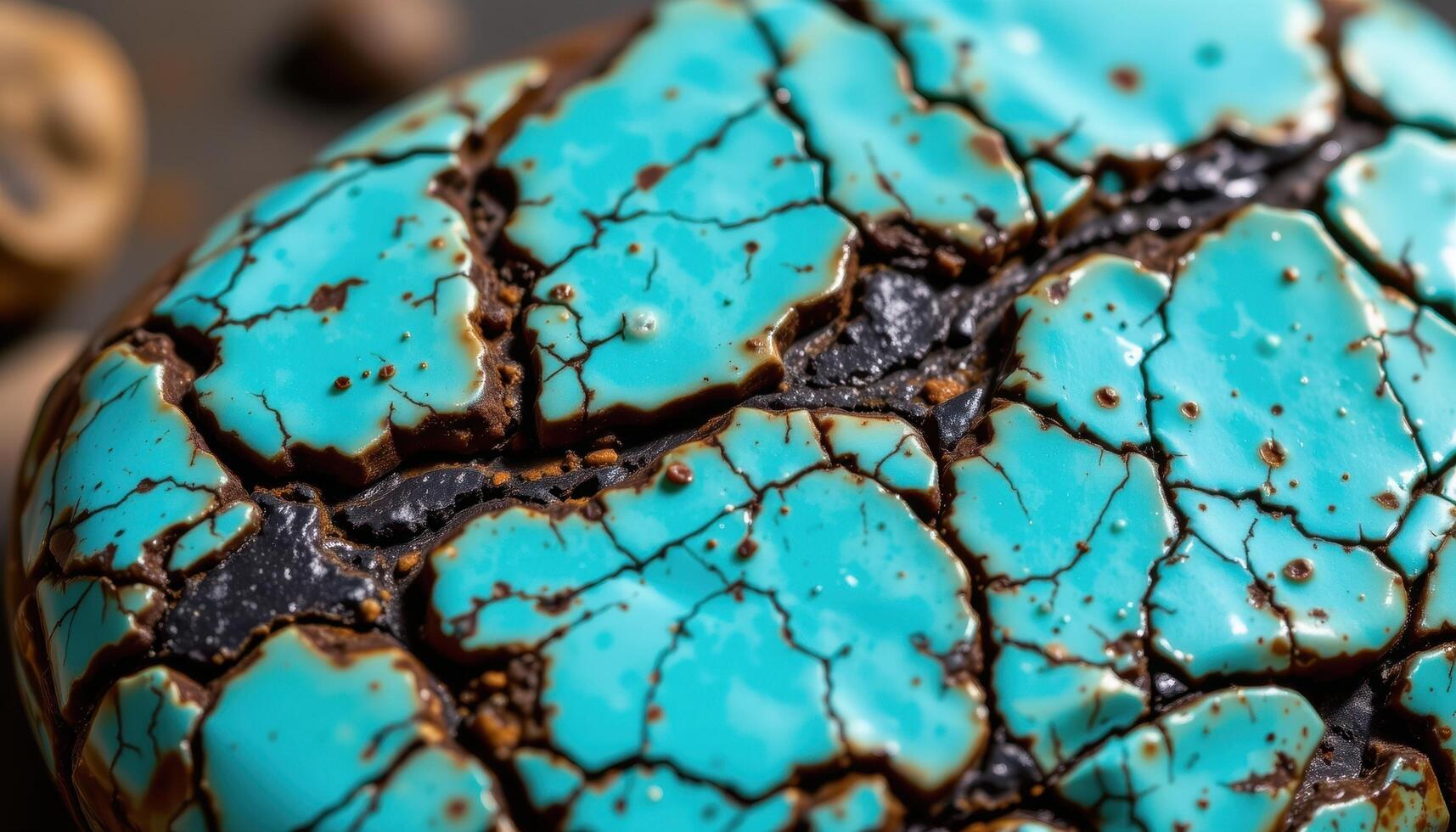 close up view of a polished turquoise stone with black matrix veining running through its bright blue surface. photo