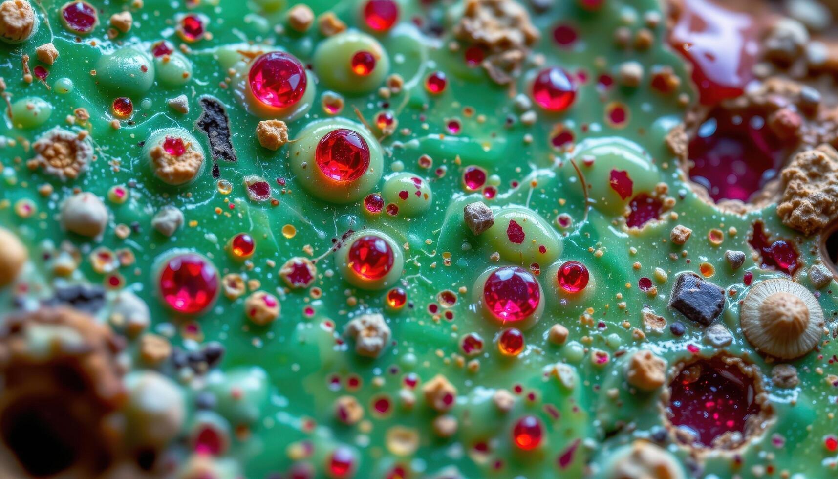 close up view of a zoisite with ruby inclusion, showing vibrant green with scattered red dots. photo
