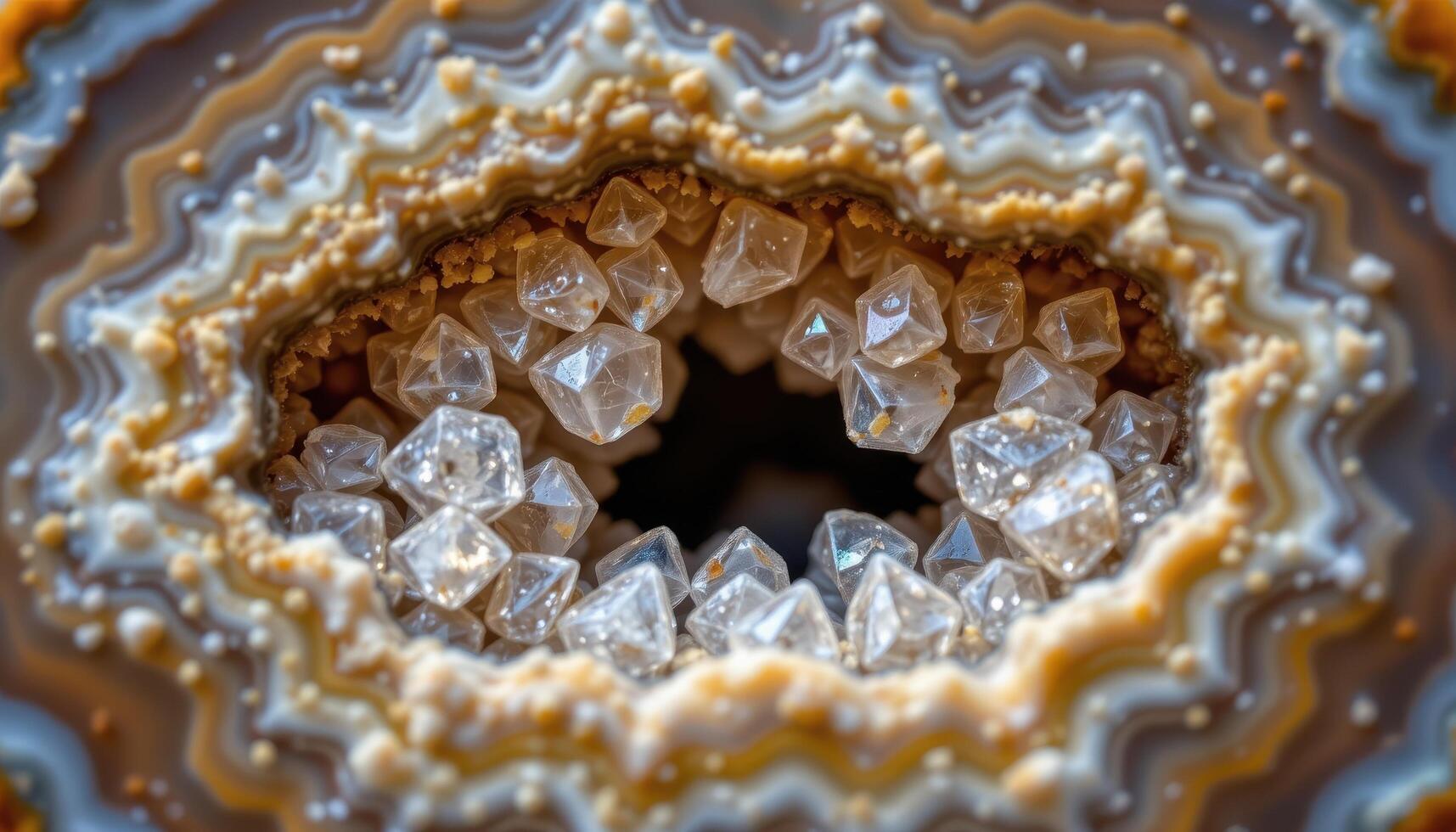 close up view of a geode cross section revealing sparkling quartz crystals inside contrasting agate layers. photo