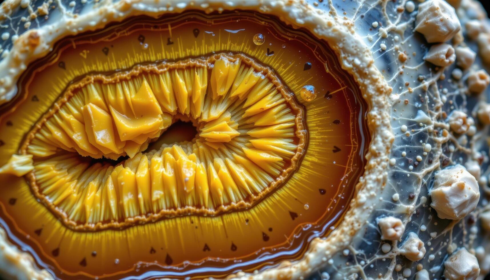 close up view of a polished septarian nodule with yellow calcite and brown aragonite veins. photo