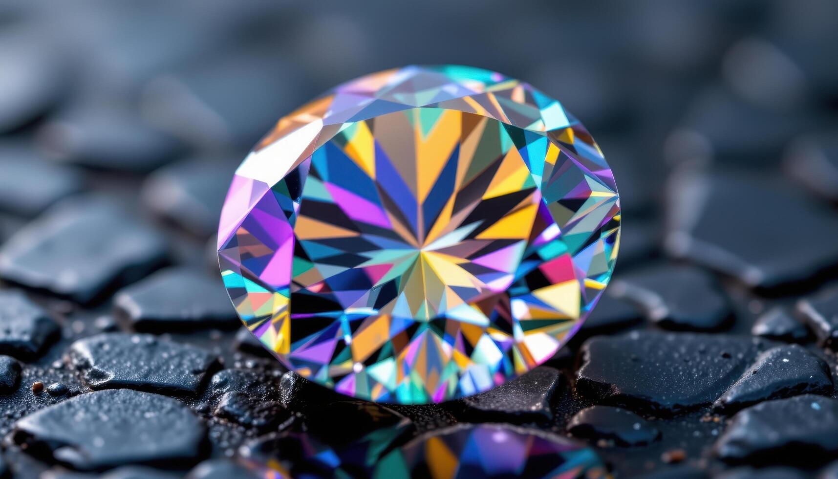 close up view of a diamond with flawless clarity, refracting rainbow colors against a reflective obsidian background. photo