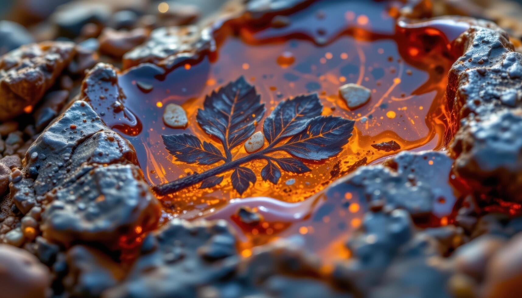 close up view of a polished amber nugget with trapped ancient plant matter and glowing resin. photo